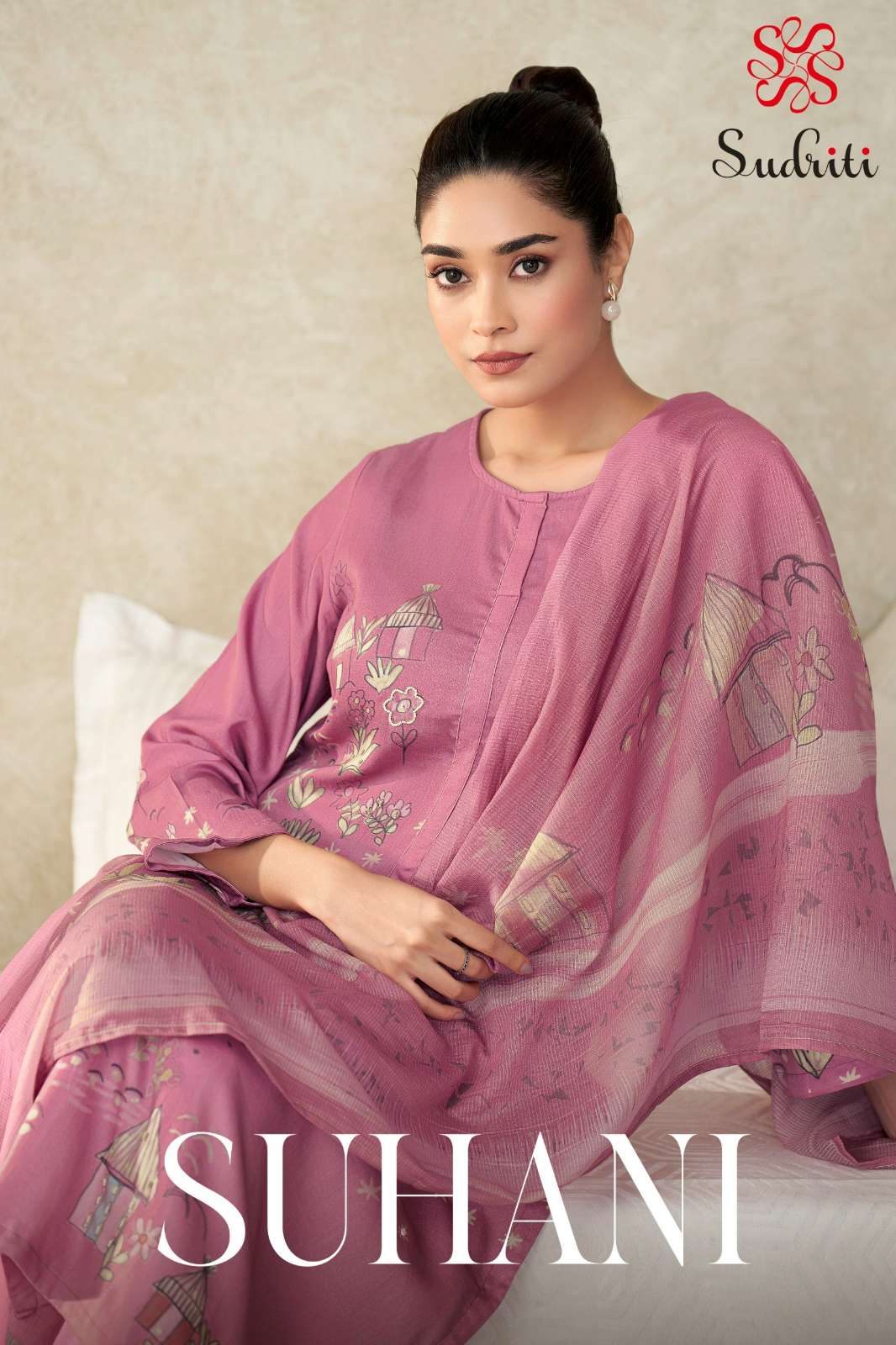 SUDRITI SUHANI ITALIAN SATIN DIGITAL PRINTED SUIT WITH HANDWORK