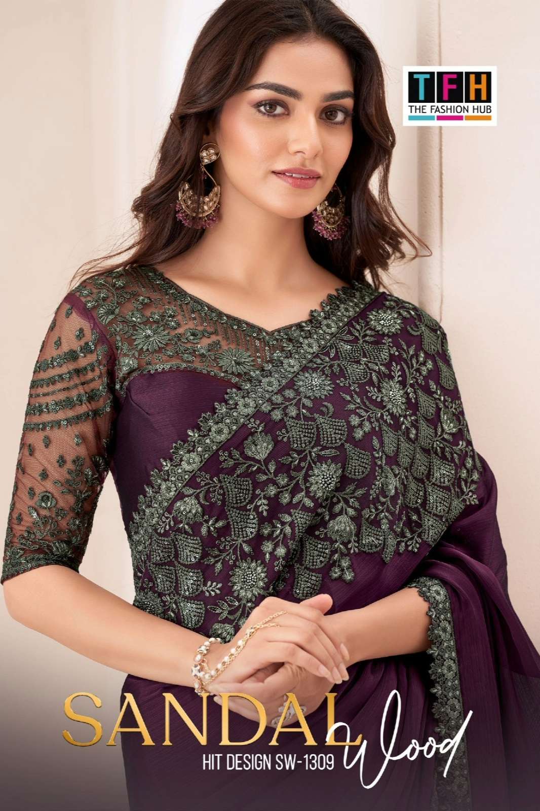 TFH SANDALWOOD 1309 COLOUR’S SATIN CHIFFON SAREE WITH WORK SAREE