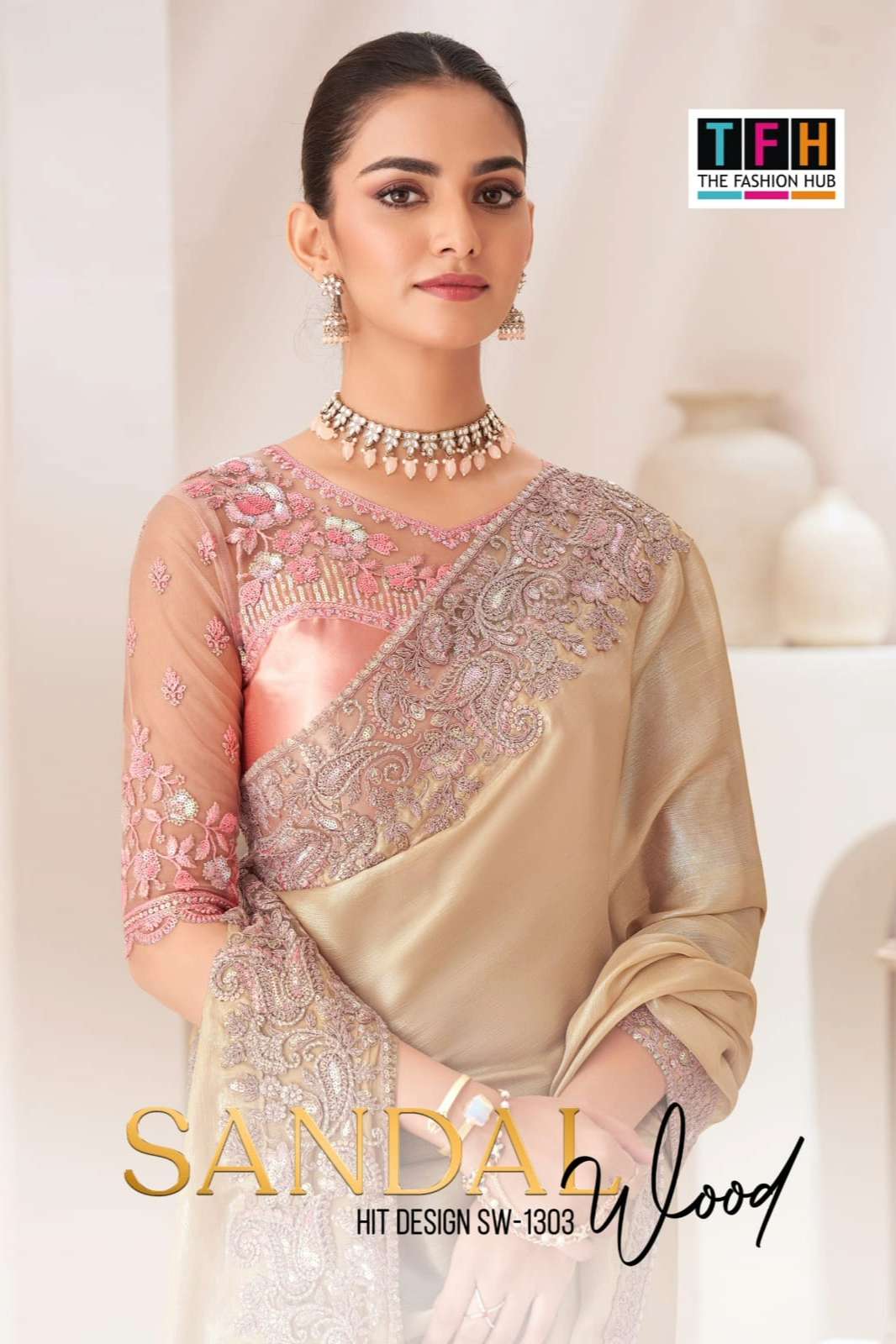 TFH Sandalwood 13th Edition Hits 1303 hit deisng Satin Gold Chiffon Saree