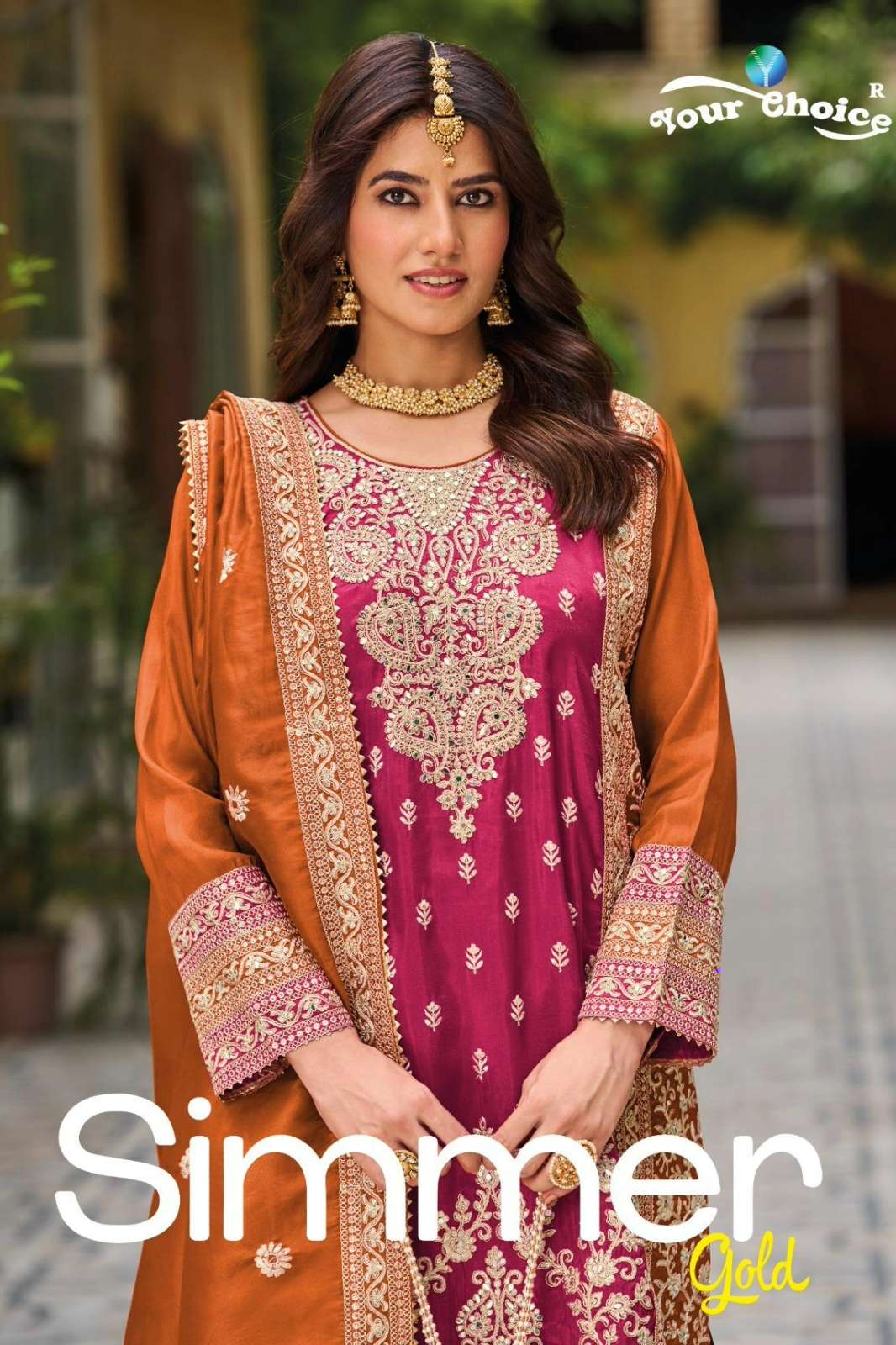 Your choice Simmer Gold Ready to Wear Pure Chinon Embroidered Salwar Suit