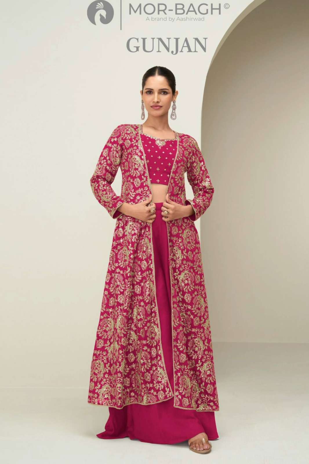 Aashirwad GUNJAN Ready to Wear Premium Chinon Silk Embroidered Croptop Long Shrug Dress