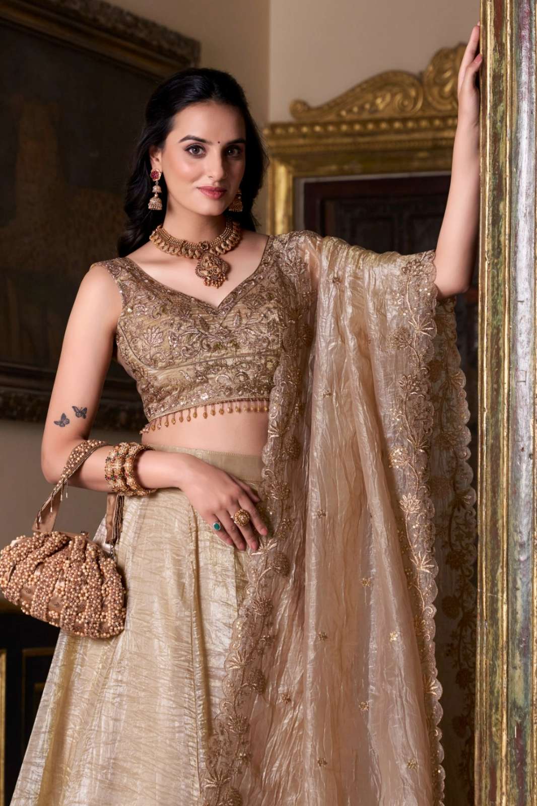 Crazy Cloths LNB1430CHK Gold Crush Plain Lehenga Choli