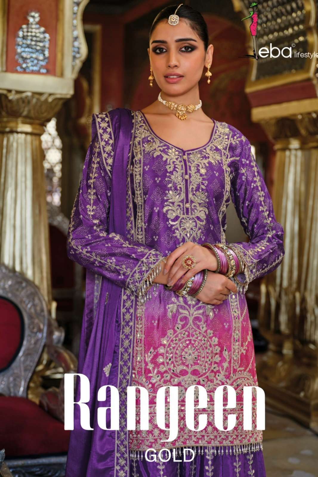 Eba RANGEEN GOLD Ready to Wear Chinon Salwar Suit With Embroidery and Digital Print work