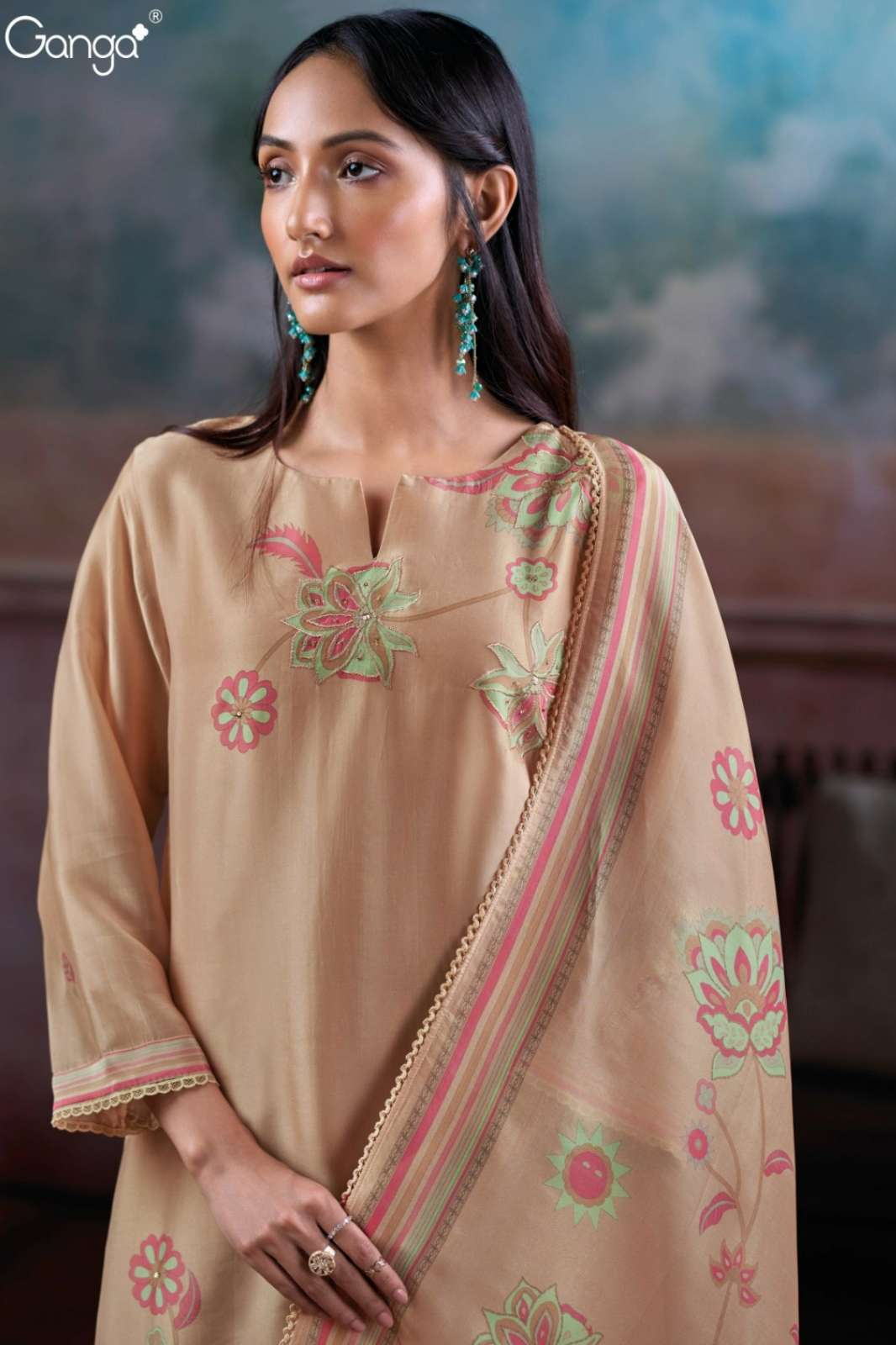 GANGA GREESHA S3828 PURE BEMBERG SILK SATIN PRINTED SUIT WITH HAND EMBROIDERY