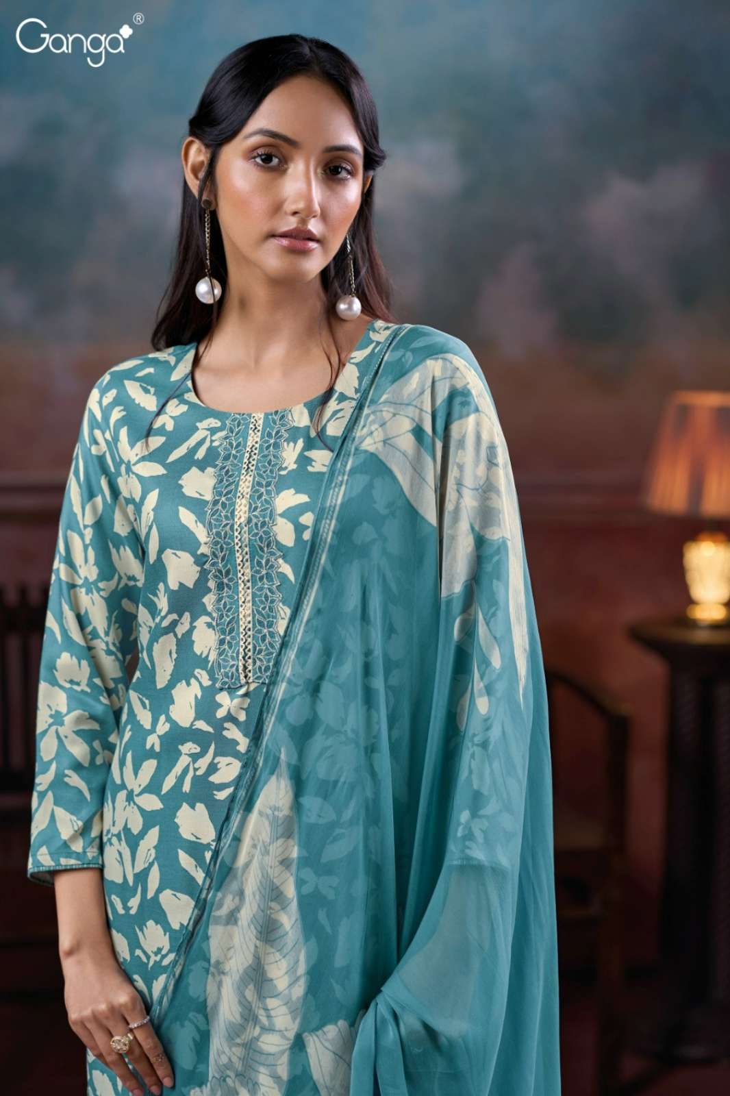 GANGA HAIZEA S3832 PREMIUM PURE WOOL PASHMINA PRINTED SUIT WITH EMBROIDERY