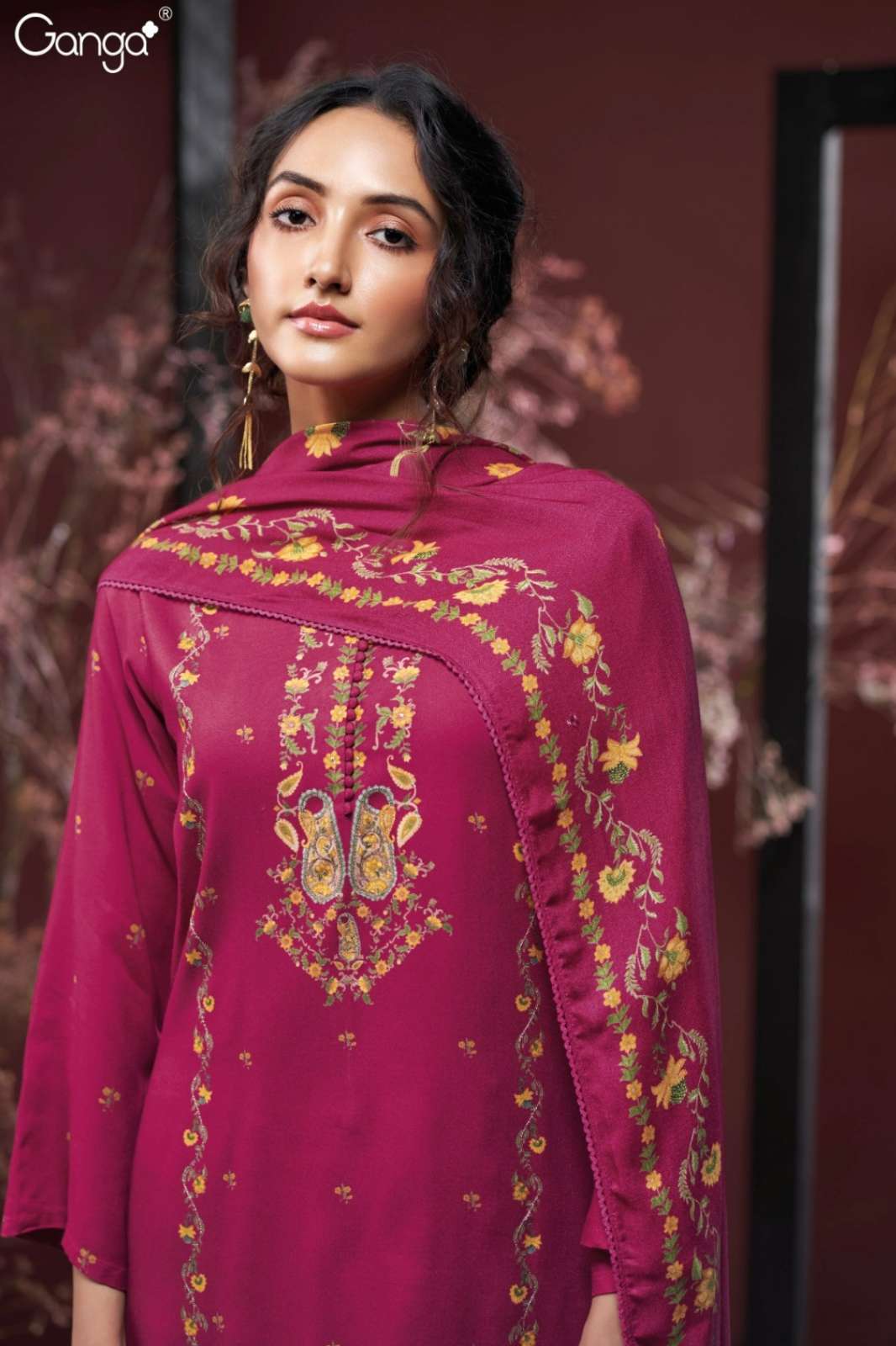 GANGA JANUSHI S3980 PURE WOOL PASHMINA PRINTED SUIT WITH HAND EMBROIDERY