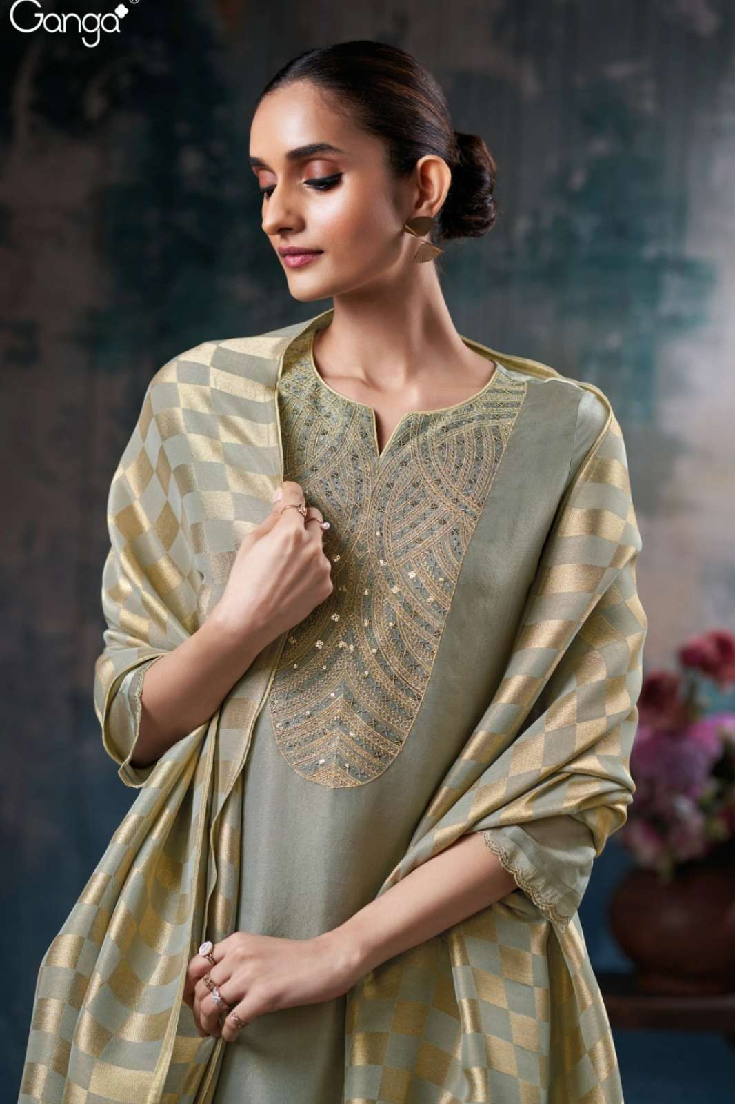 GANGA JOVINA S3742 TOP PREMIUM PURE BEMBERG SILK SUIT WITH EMBROIDERY
