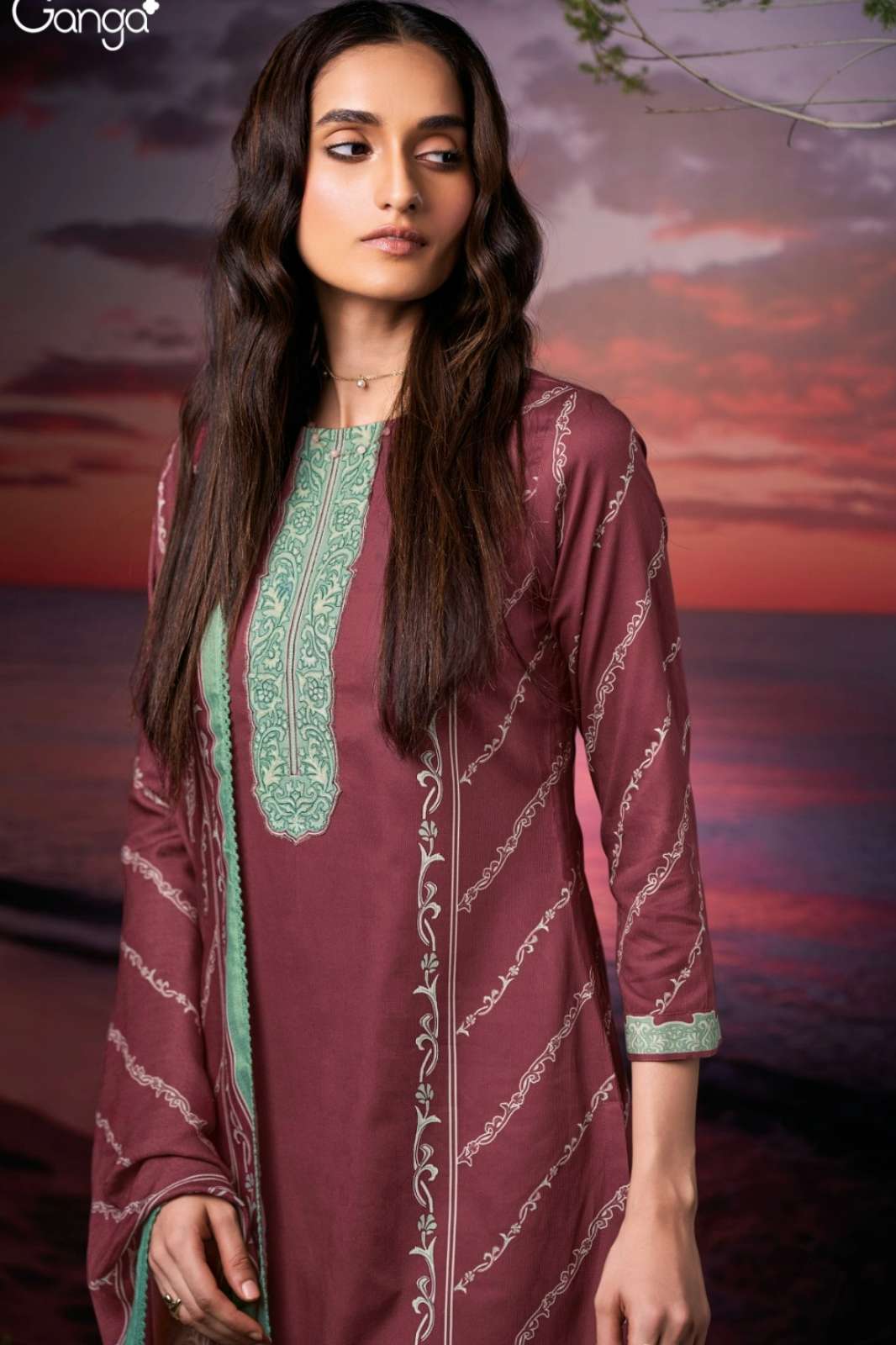 GANGA LYANNA S3834 PREMIUM CORDUROY PRINTED SUIT WITH EMBROIDERY 