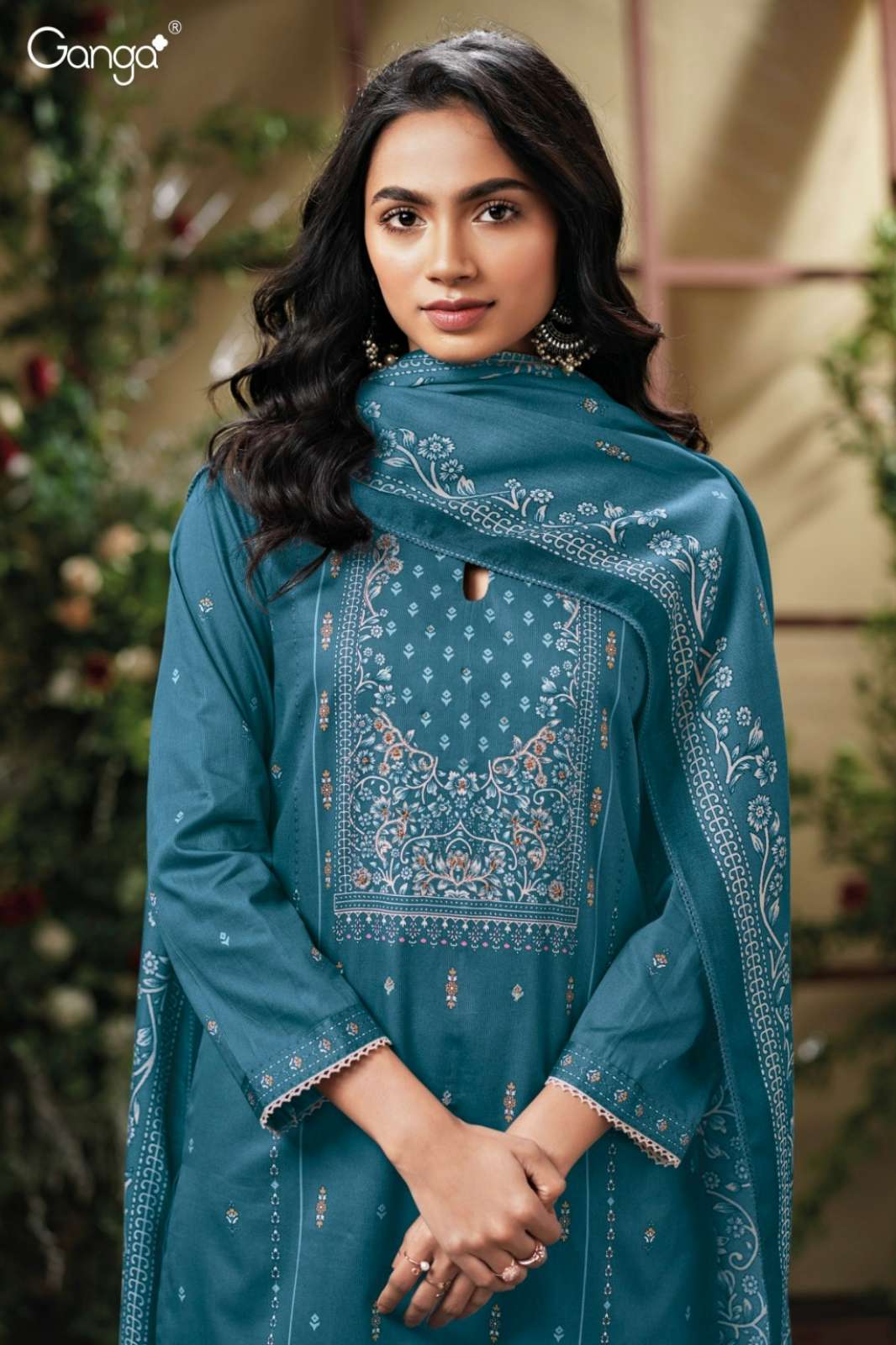 GANGA NESHA S3835 PREMIUM CORDUROY PRINTED SUIT WITH HAND EMBROIDERY