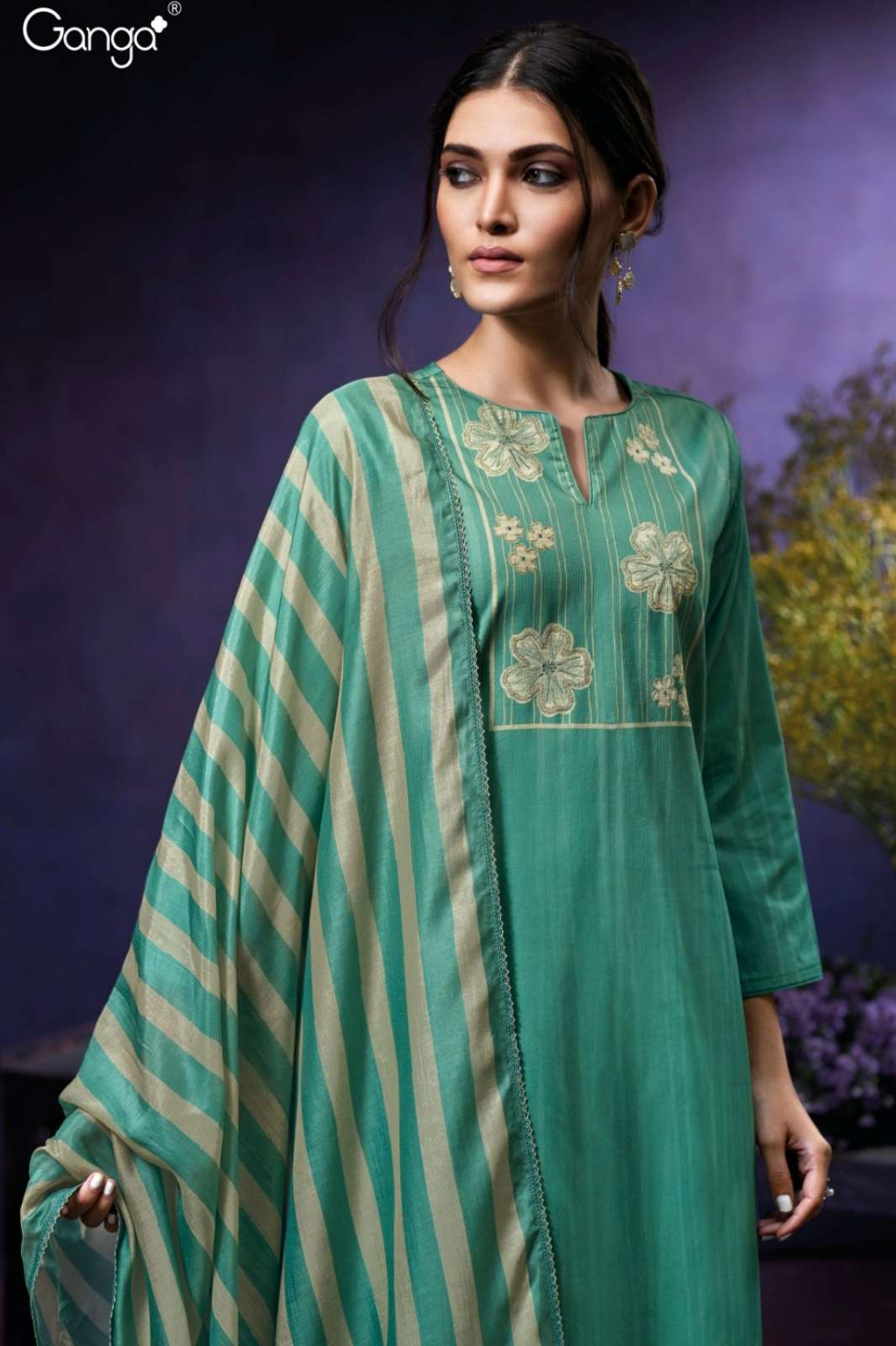 GANGA QIARA S3951 PREMIUM CORDUROY PRINTED SUIT WITH HAND EMBROIDERY