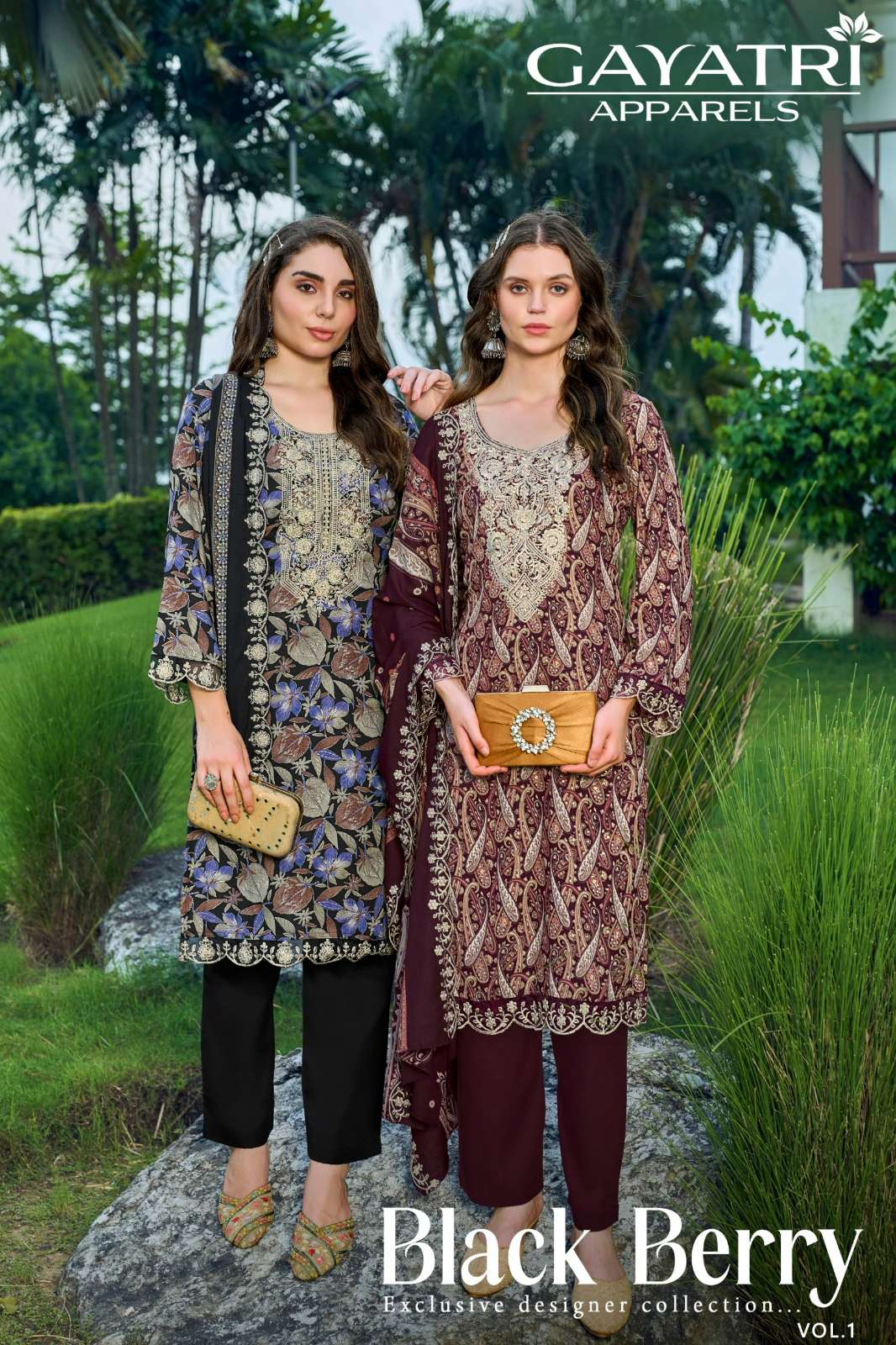 GAYATRI APPARELS BLACK BERRY Vol 1 VISCOSE REYON DISCHARGE PRINTED SUIT 