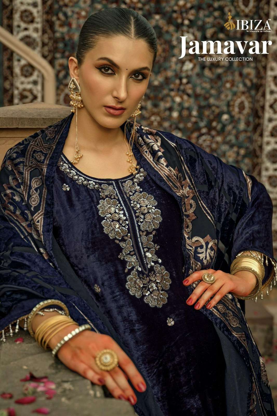 IBIZA JAMAVAR DESIGNER PURE VISCOSE VELVET BEADS WORK SUIT