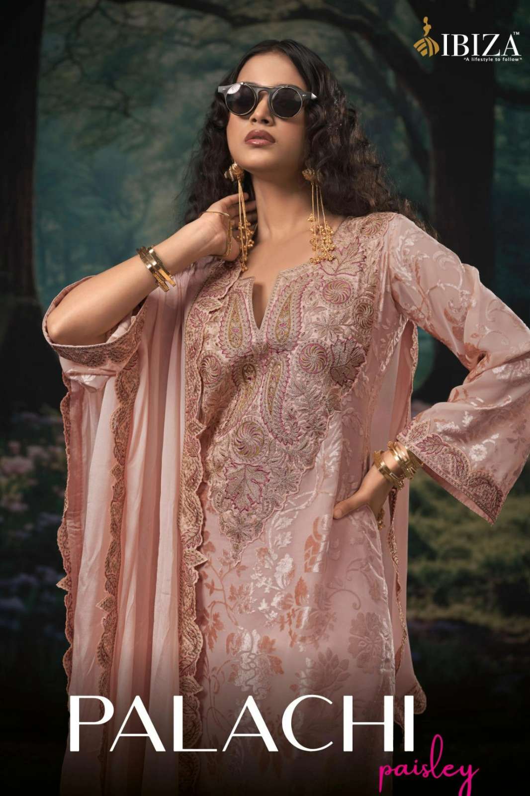 IBIZA PALACHI PAISLEY PURE VELVET BRASSO EMBROIDERY WORK SUIT 