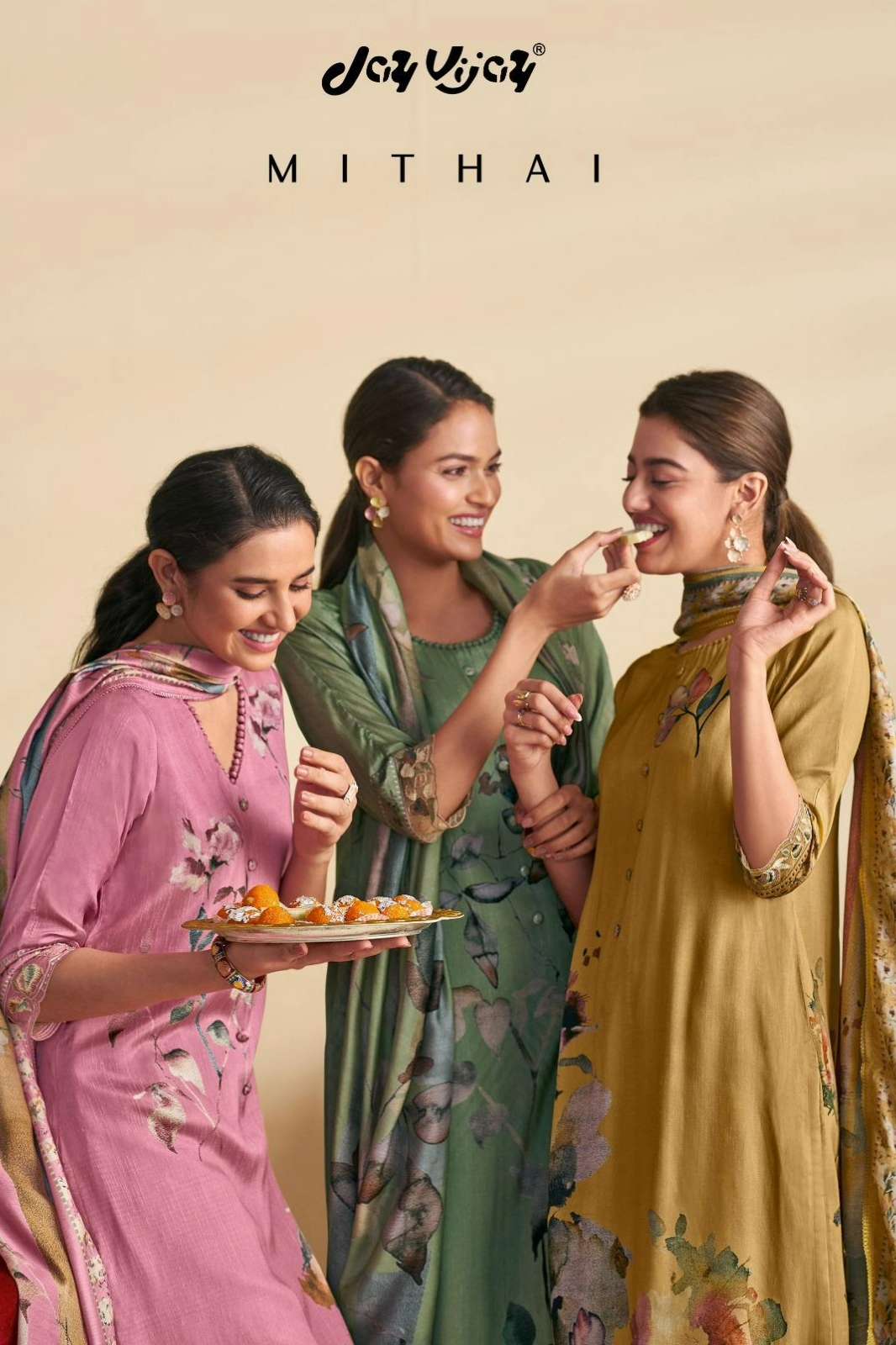 JAY VIJAY MITHAI PURE BEMBERG SLUB SILK DIGITAL PRINTED & EMBROIDERY SUIT 