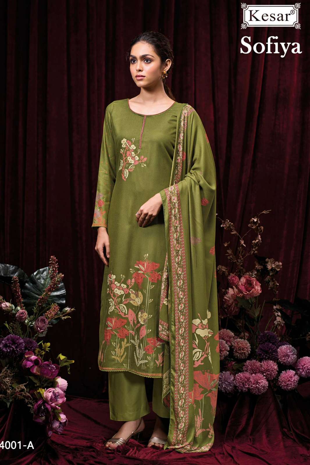 KESAR SOFIYA 4001 PURE VISCOSE PASHMINA PRINTED SUIT WITH HANDWORK