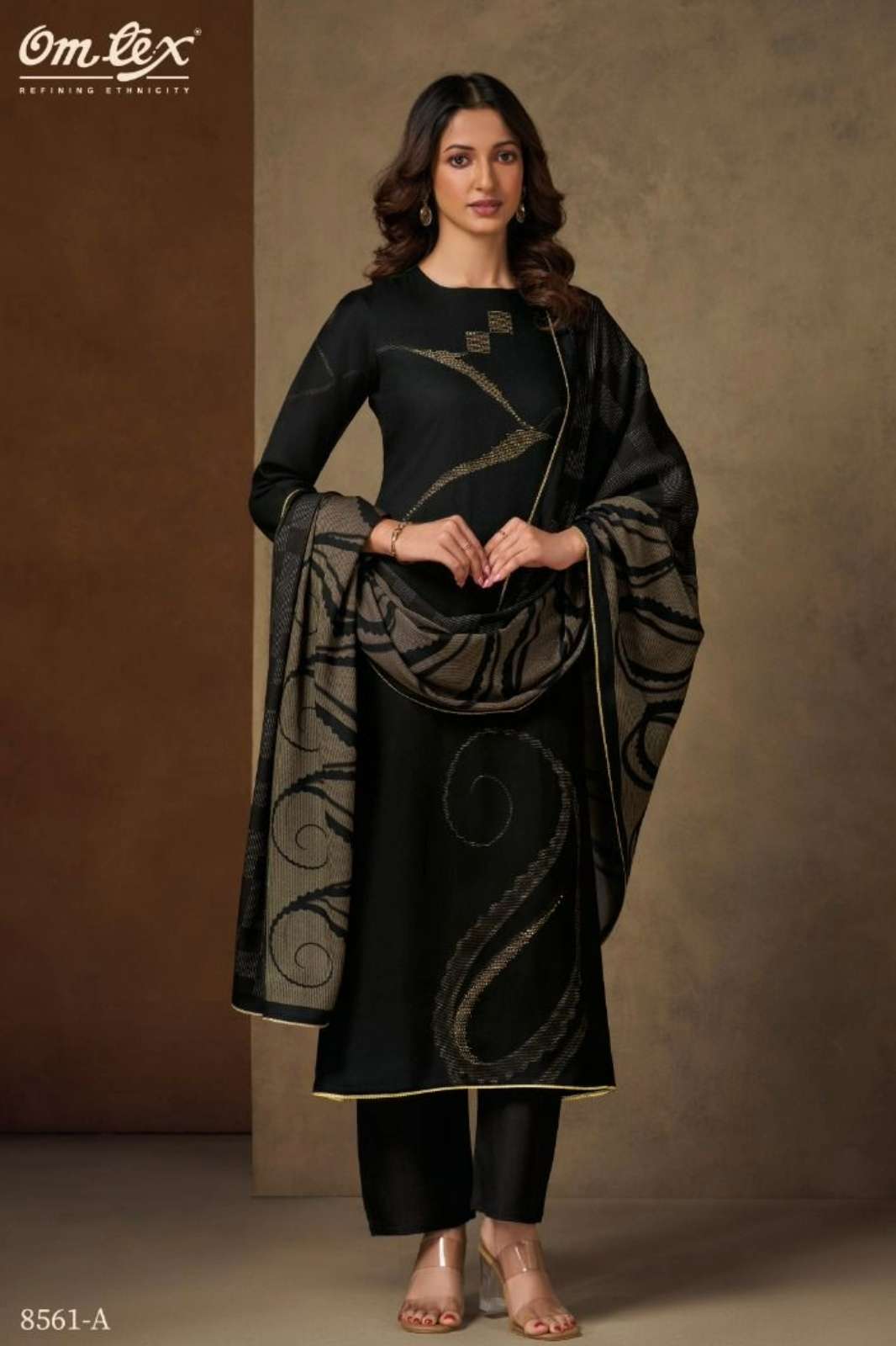 OMTEX ISHIRA KASHMERE BLACK TWILL DIGITAL PRINTED SUIT WITH HANDWORK