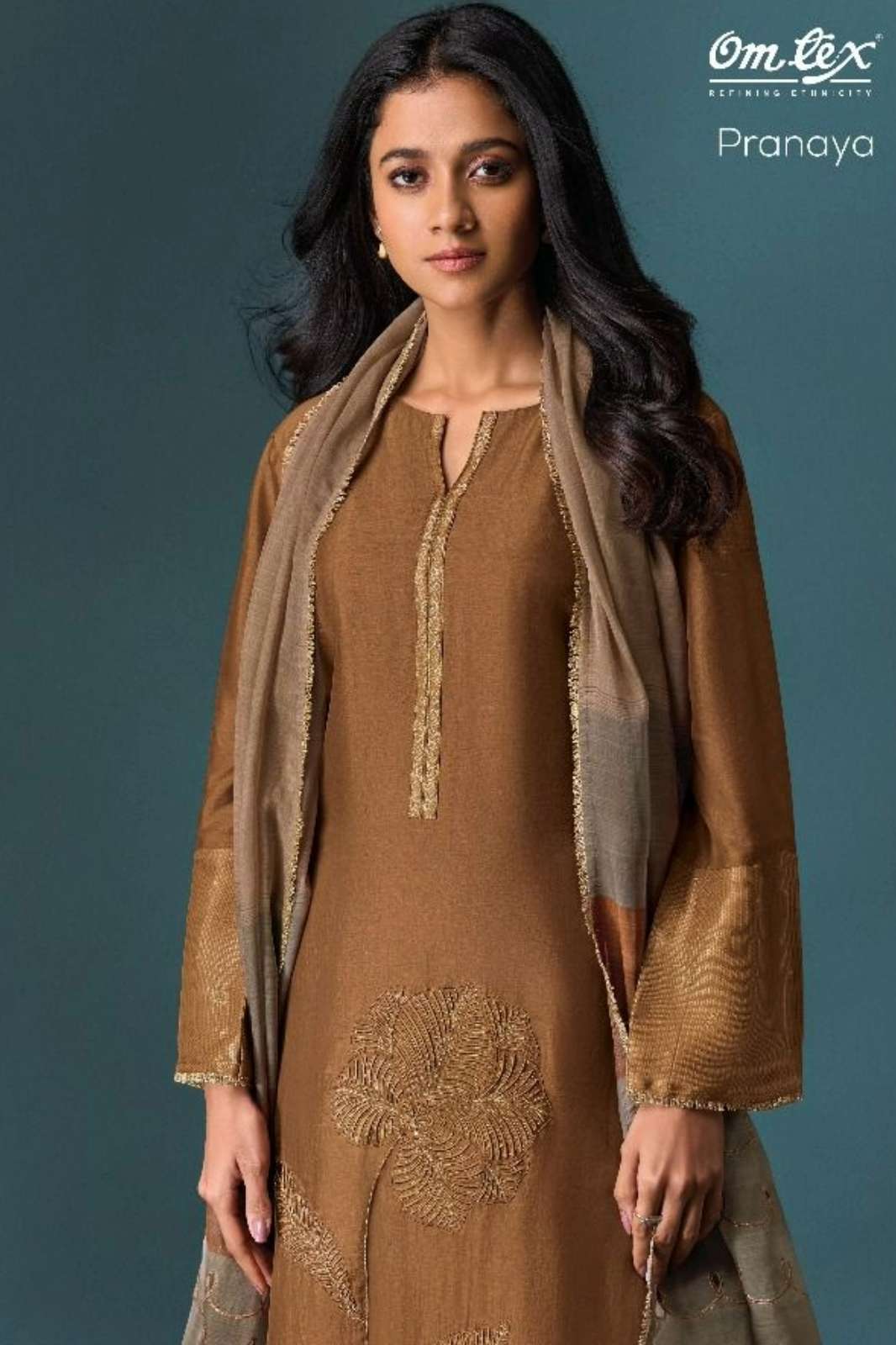 OMTEX PRANAYA OLIVIA SILK EMBROIDERED SUIT WITH HAND WORK