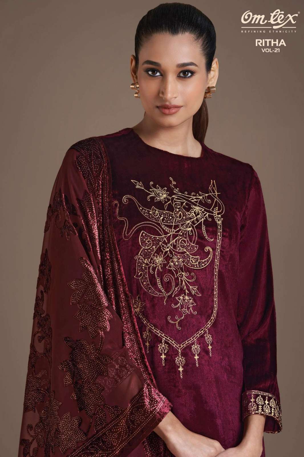 OMTEX RITHA VOL-21 PURE VISCOSE VELVET SUIT WITH EMBROIDERY