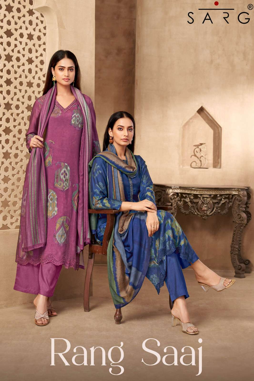 SARG RANG SAAJ PURE MUSLIN SILK DIGITAL PRINT & HAND WORK SUIT 