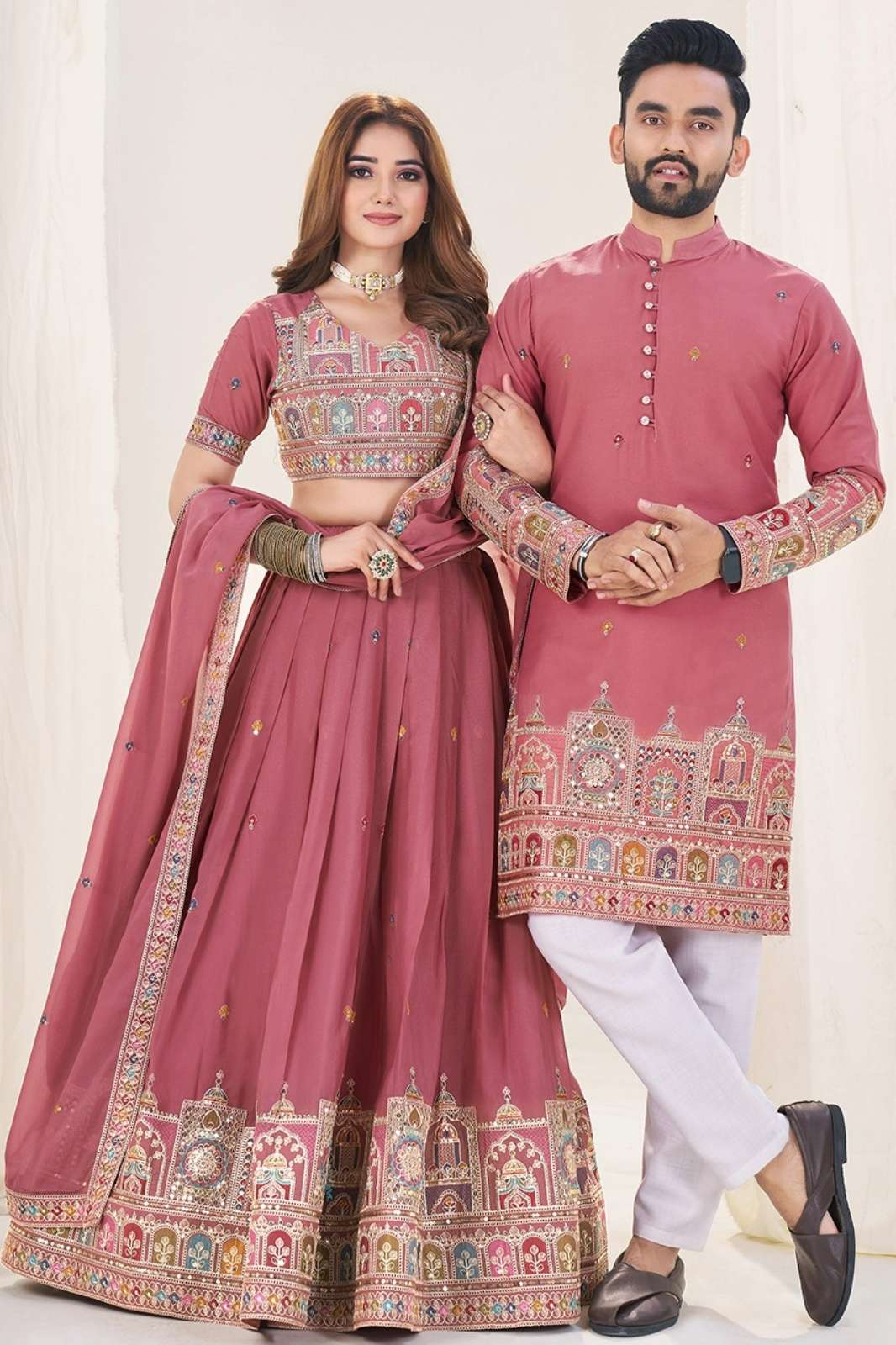 Shri Balaji Emporium 16515 Georgette Lehenga Choli & Mens Kurta Couple Set 