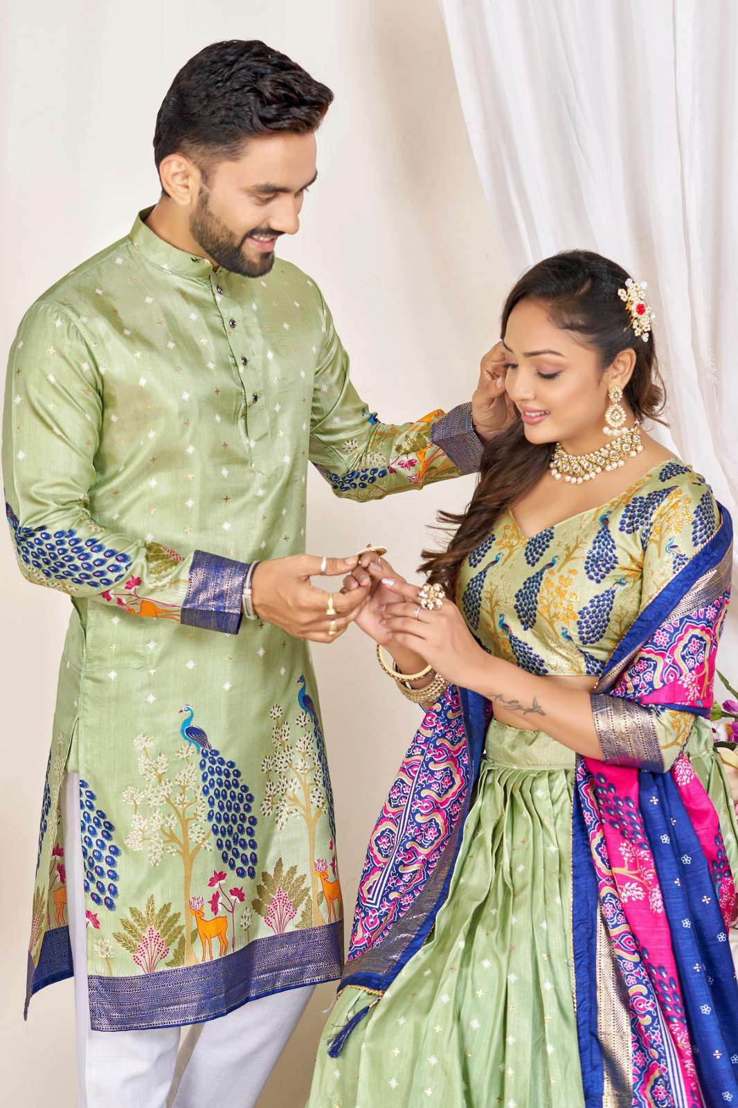Shri Balaji Emporium DIF 105 Dola Silk Lehenga Choli & Mens Kurta Couple Set
