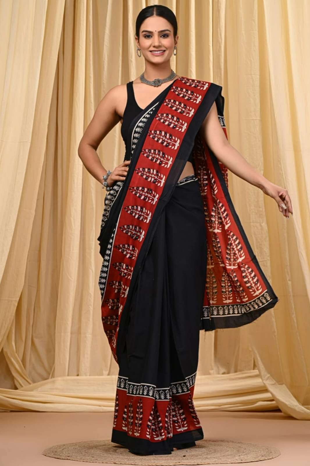 Shri Balaji Emporium RF15732 Bagru hand block printed Pure cotton Mulmul saree