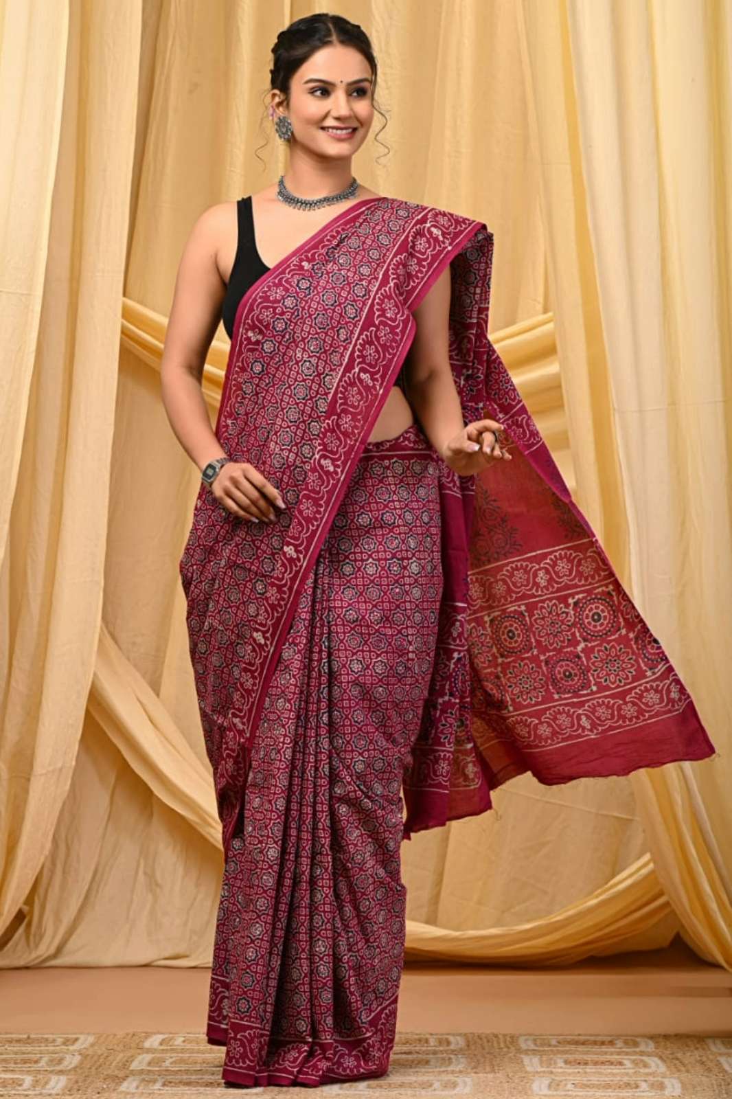 Shri Balaji Emporium RF15732 Bagru hand block printed Pure cotton Mulmul saree