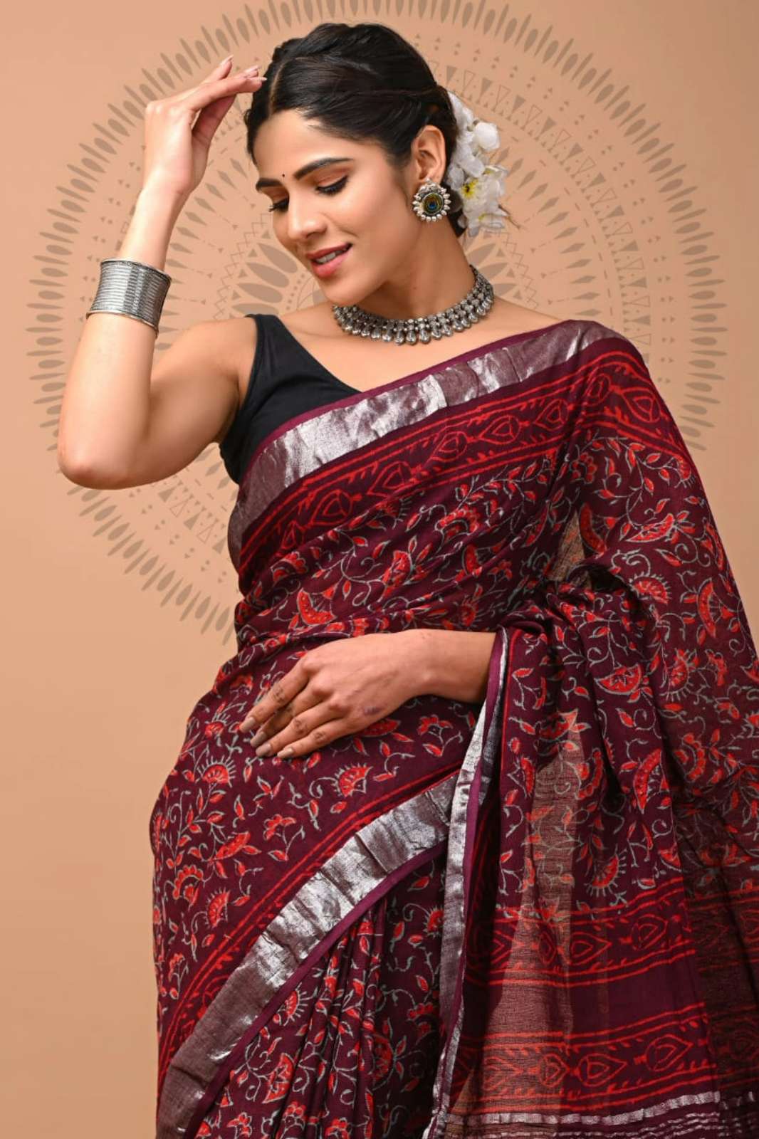 Shri Balaji Emporium RF16180 Hand Block Printed Linen Saree