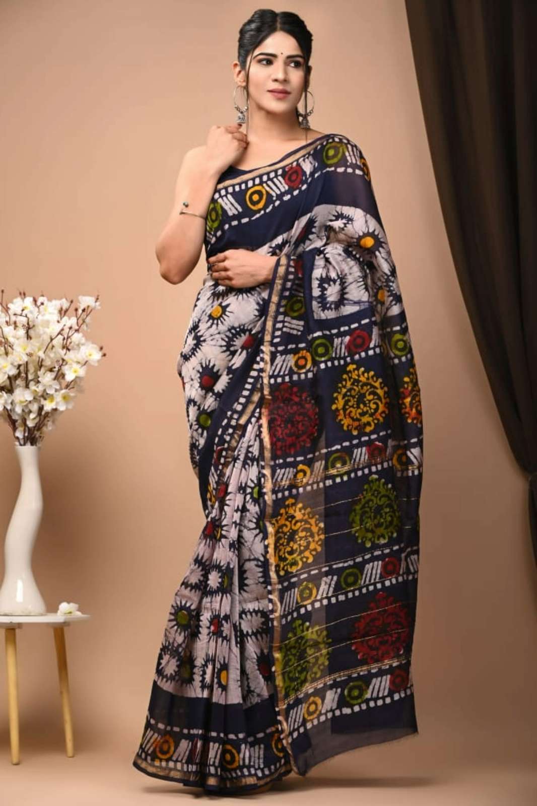 Shri Balaji Emporium RF16182 Hand Block Printed Chanderi Silk Saree