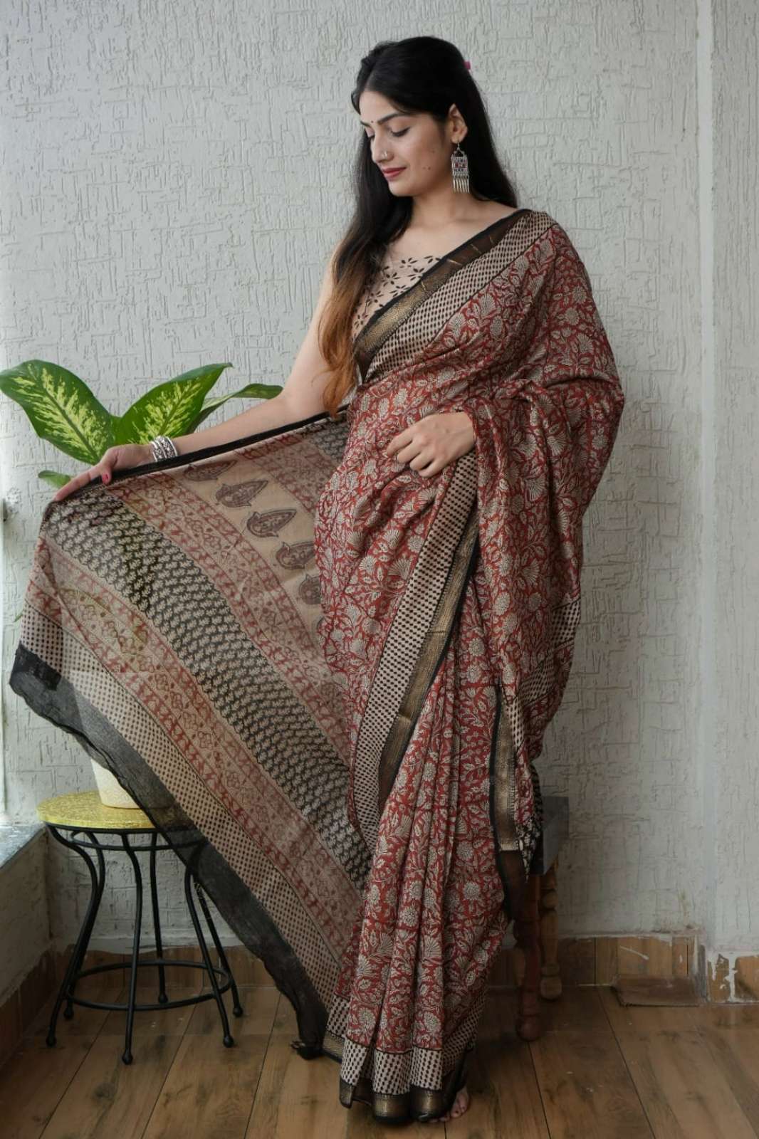 Shri Balaji Emporium RF16709 Bagru Hand Block Printed Maheswari Silk Saree