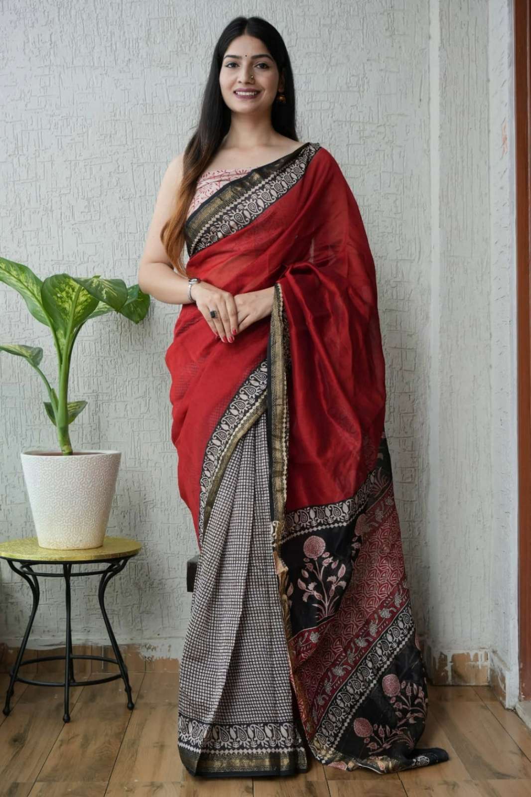 Shri Balaji Emporium RF16709 Bagru Hand Block Printed Maheswari Silk Saree