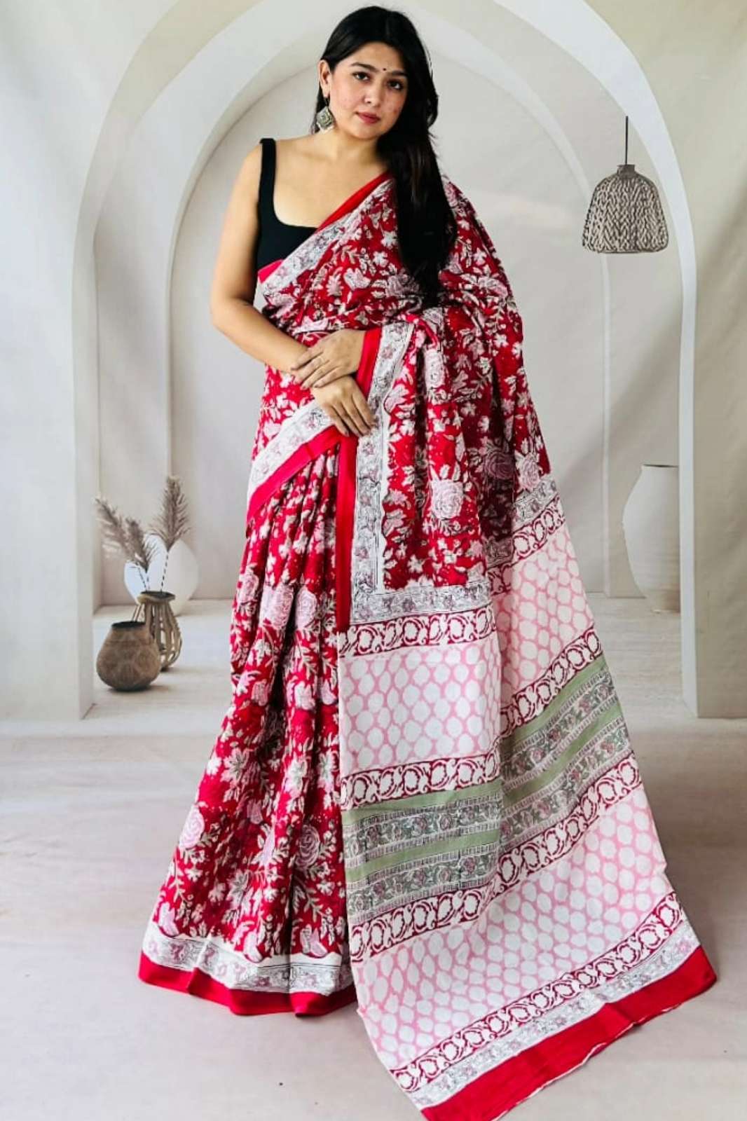 Shri Balaji Emporium RF16802 Bagru hand block printed Pure cotton Mulmul saree
