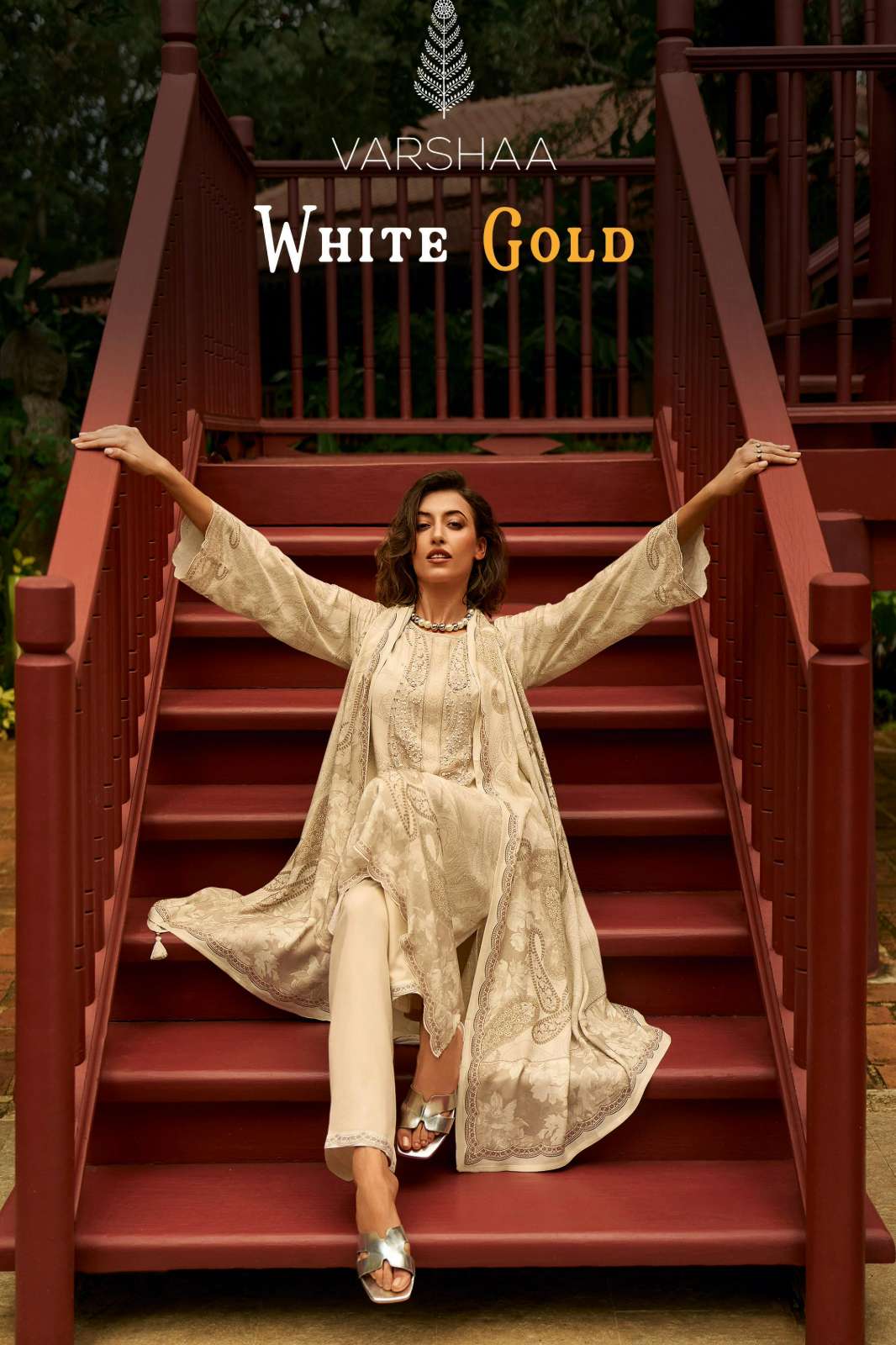 VARSHAA WHITE GOLD VISCOSE PASHMINA DIGITALLY PRINTED SUIT WITH HANDWORK