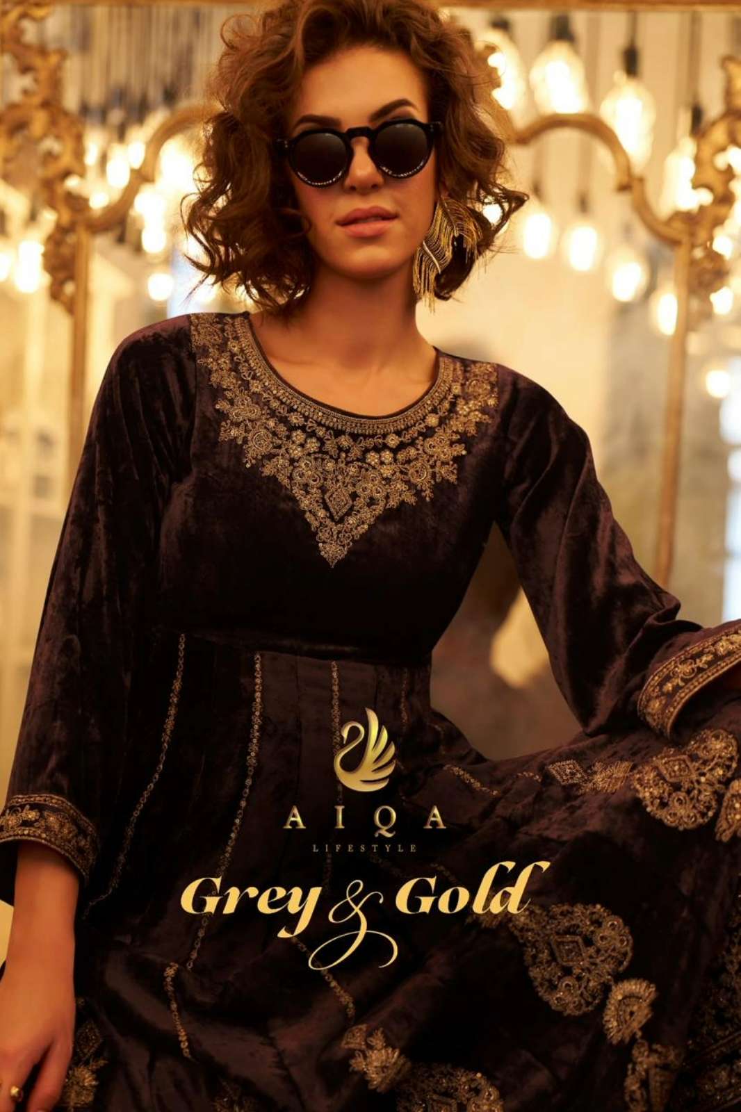 AIQA GREY & GOLD PURE VISCOSE VELVET SUIT WITH FANCY WORK 
