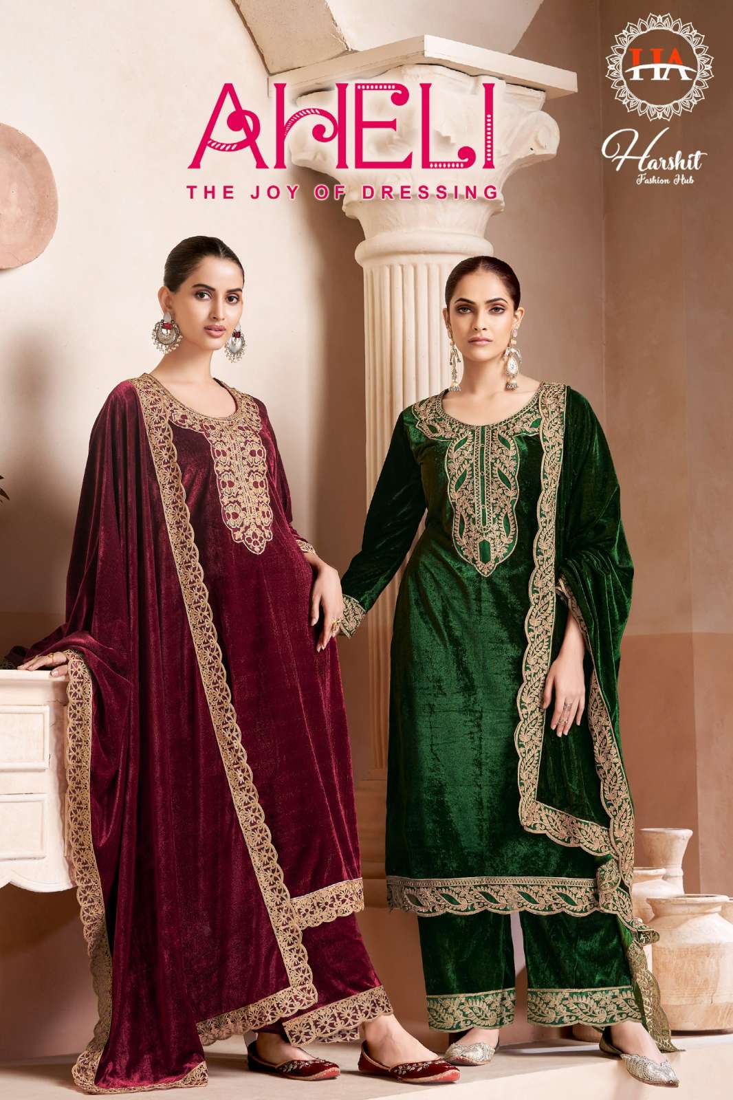 Alok Suit AHELI Pure Velvet Gala & Daman Embroidery Work Pakistani Suit