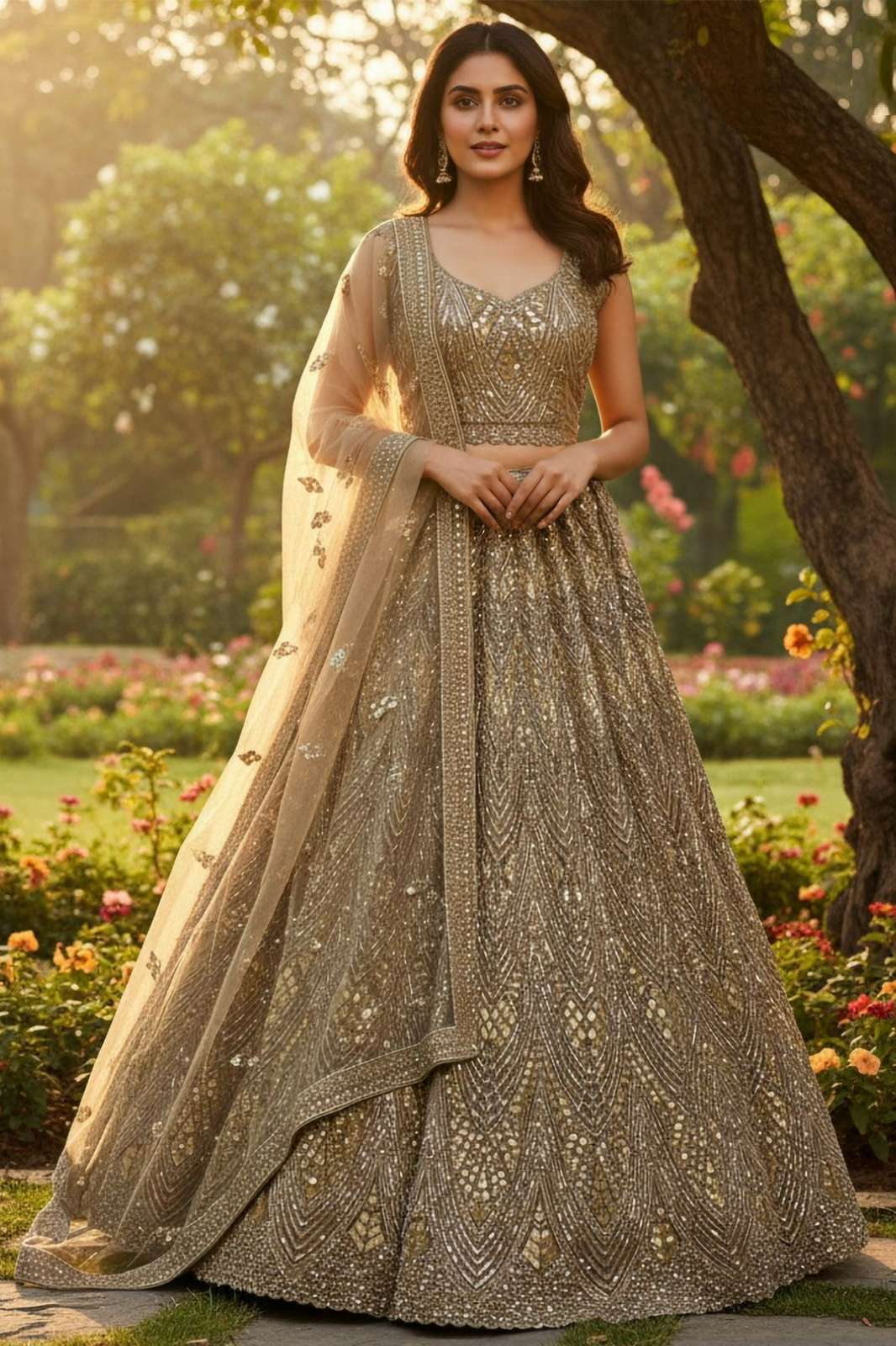 Anjani Arts 2933 Beautiful Net Embroidered Wedding Wear Golden Lehenga Choli
