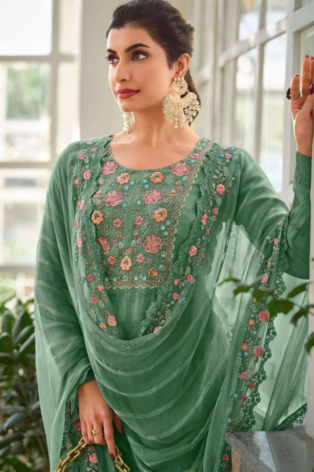 AVON  PASTEL BREEZE ORGANZA SELF WOVEN SUIT WITH PARSI EMBROIDERY