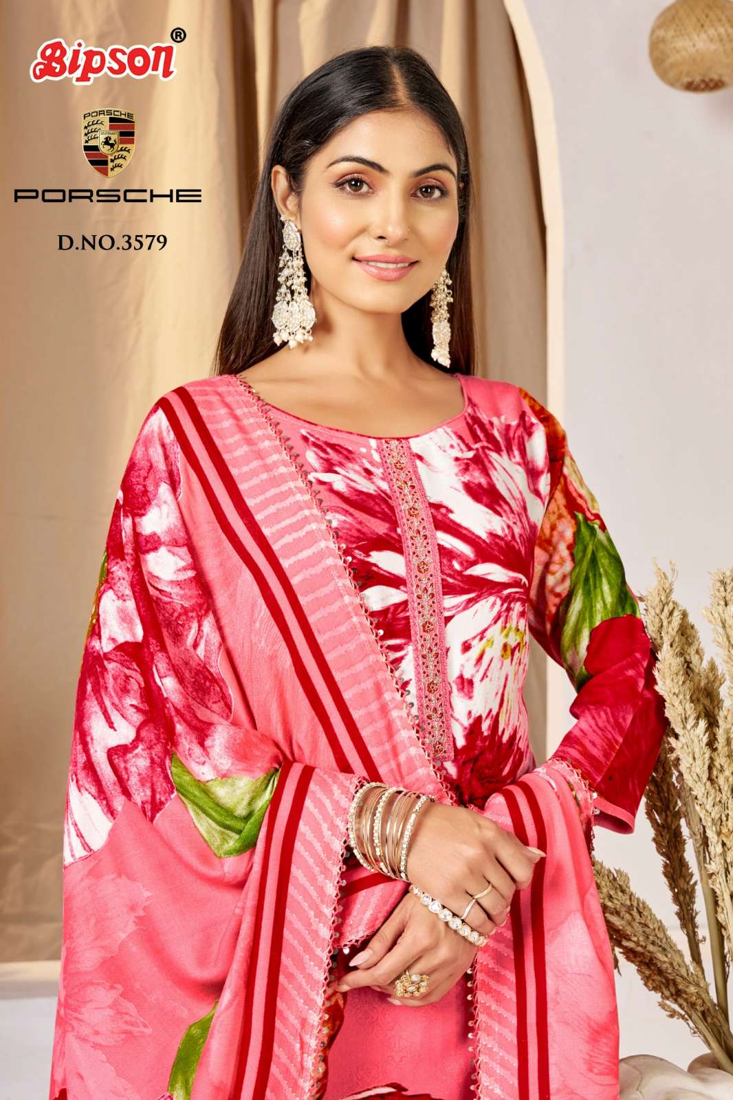 BIPSON PRINTS PORSCHE 3579 Viscose Pashmina Suit with Hand Work