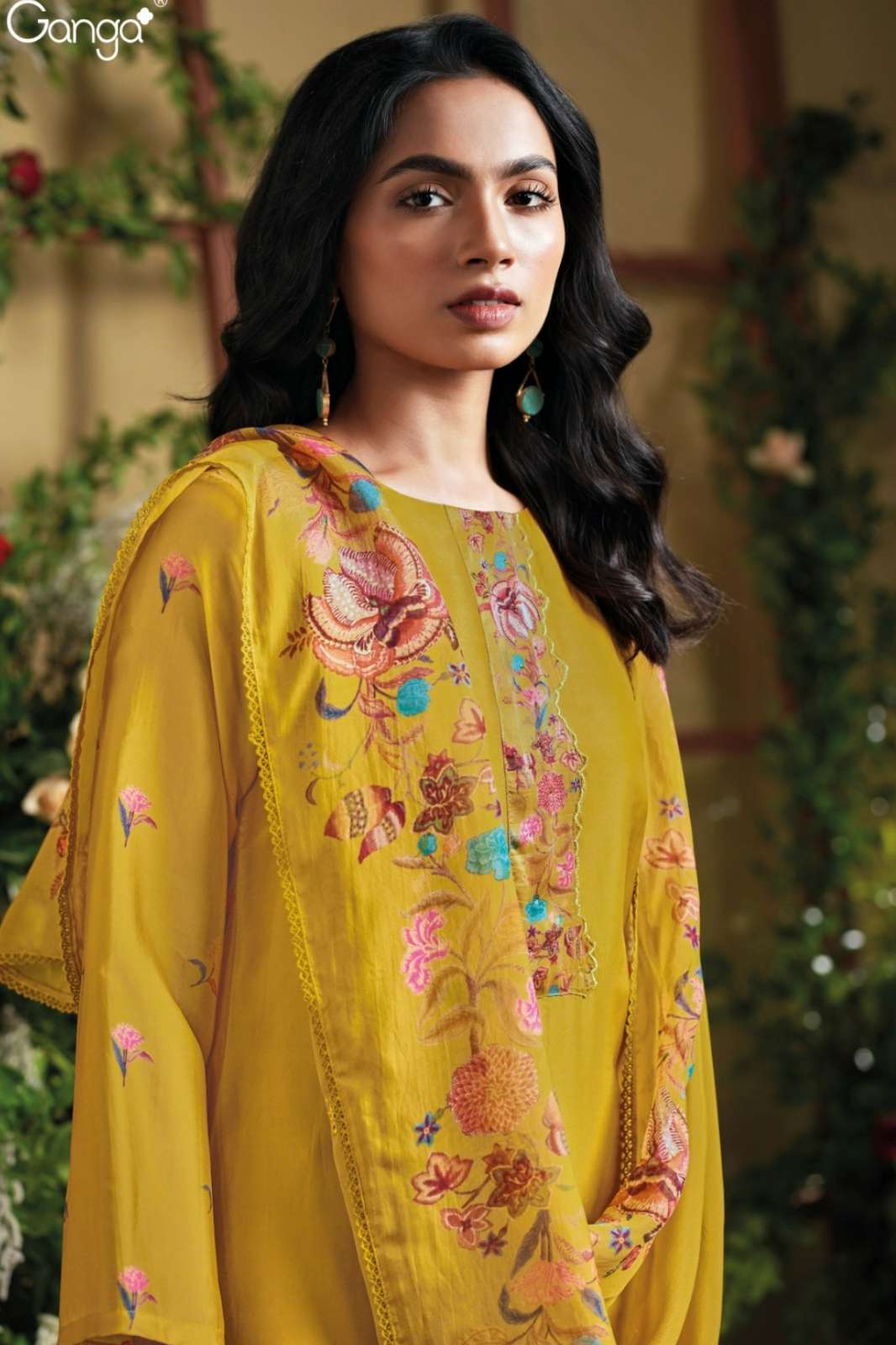 GANGA AQSA S3779 PREMIUM PURE BEMBERG SILK SATIN PRINTED SHIT WITH EMBROIDERY