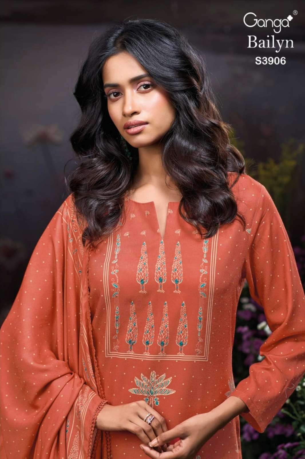 GANGA BAILYN S3906 PREMIUM PURE WOOL PASHMINA SUIT WITH HAND WORK