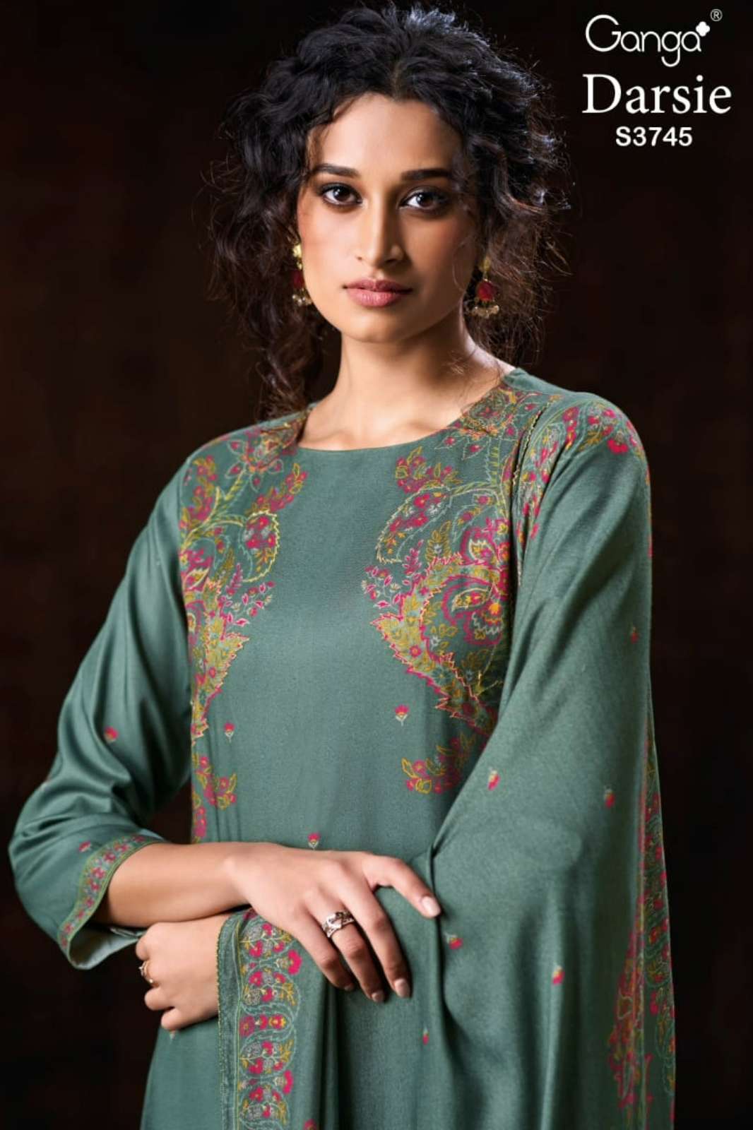 GANGA DARSIE S3745 PREMIUM PURE WOOL PASHMINA SUIT WITH HAND EMBROIDERY