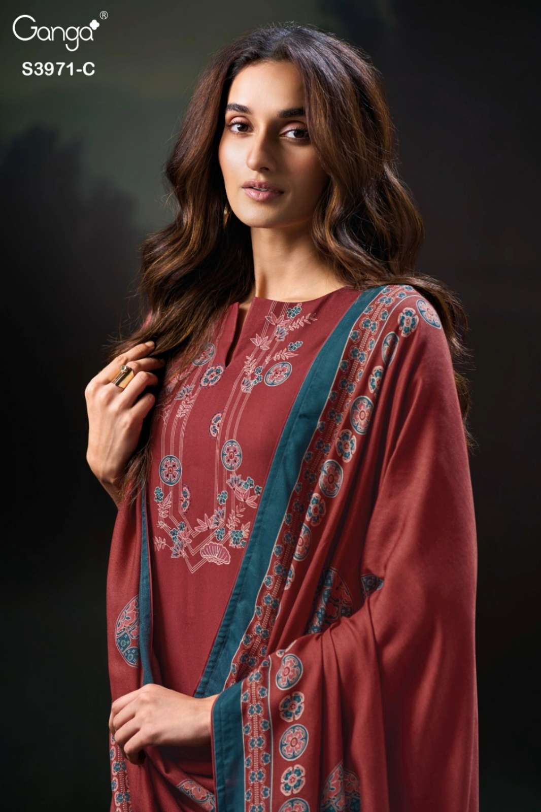 GANGA EVANI S3971 PREMIUM PURE PASHMINA SUIT WITH HAND WORK