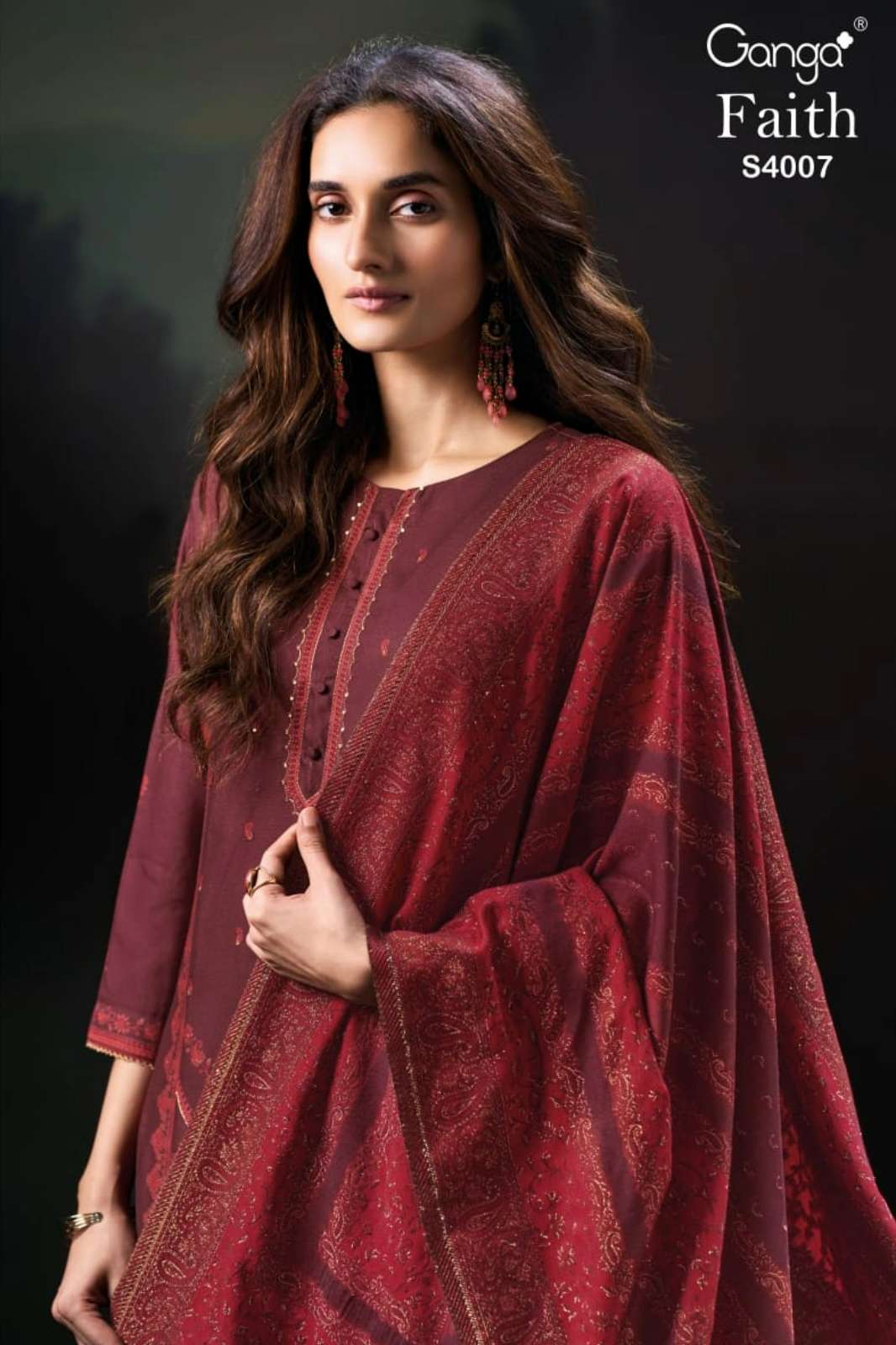 GANGA FAITH S4007 PREMIUM PURE PASHMINA PRINTED SUIT WITH HAND WORK
