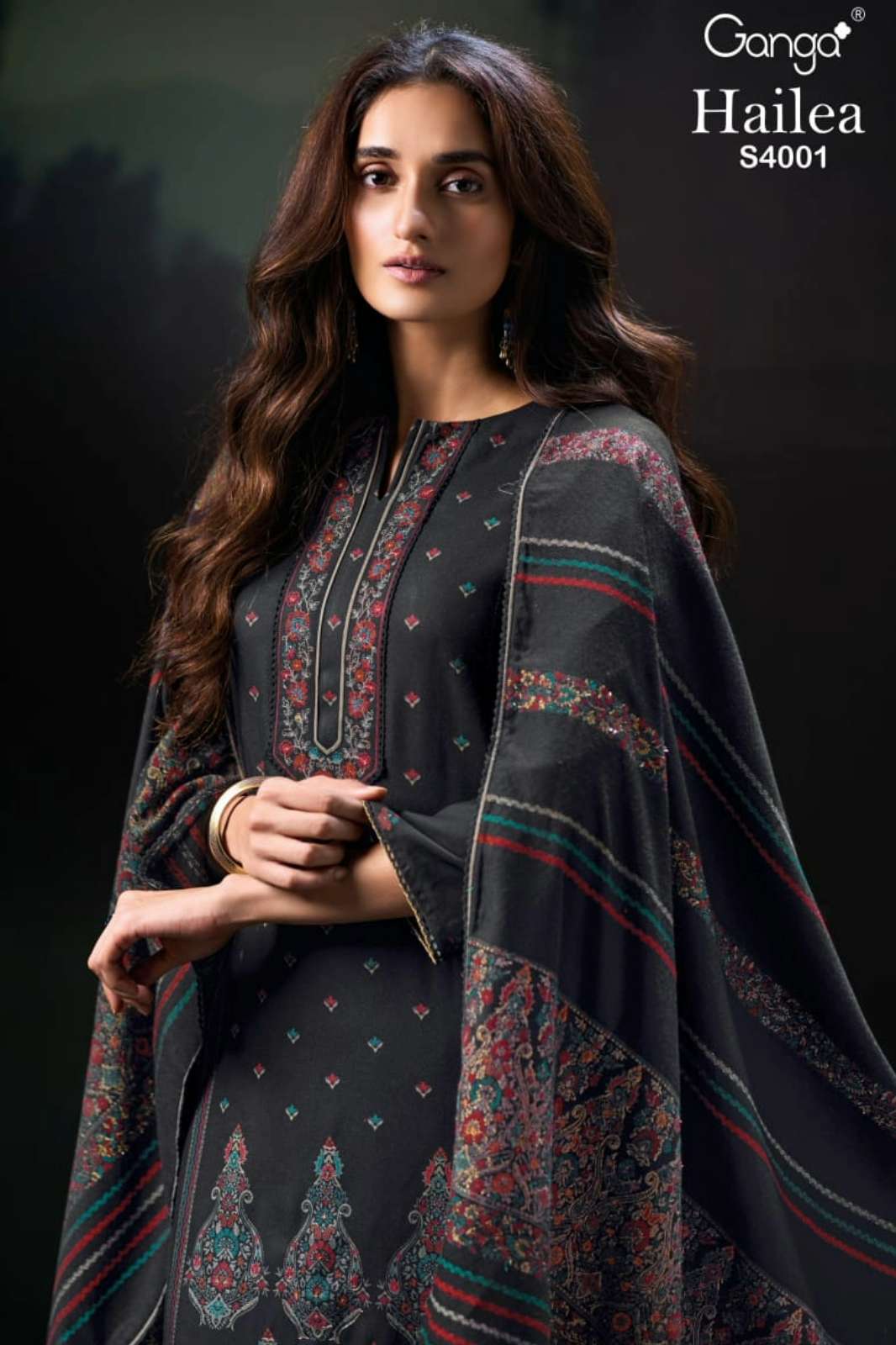 GANGA HAILEA S4001 PREMIUM PURE PASHMINA PRINTED SUIT WITH AARI WORK