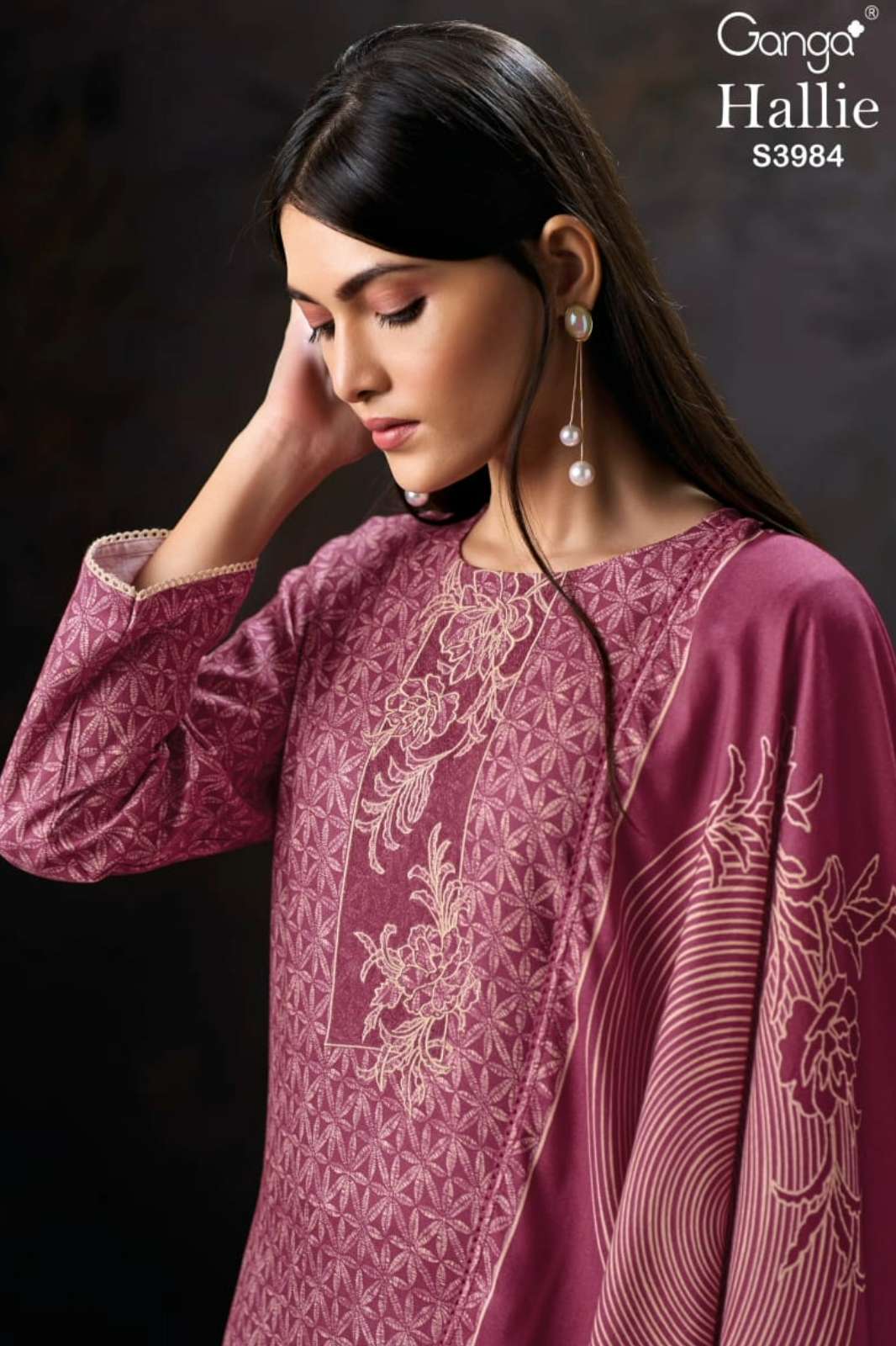 GANGA HALLIE S3984 PREMIUM PURE WOOL PASHMINA SUIT WITH EMBROIDERY