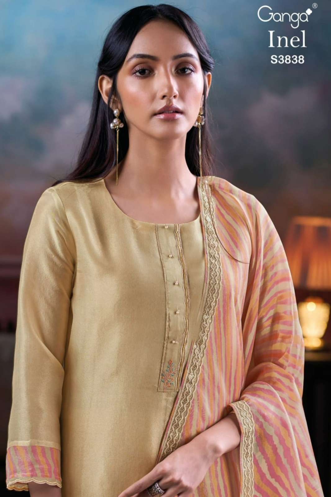 GANGA INEL S3838 PREMIUM PURE BEMBERG SILK SUIT WITH EMBROIDERY
