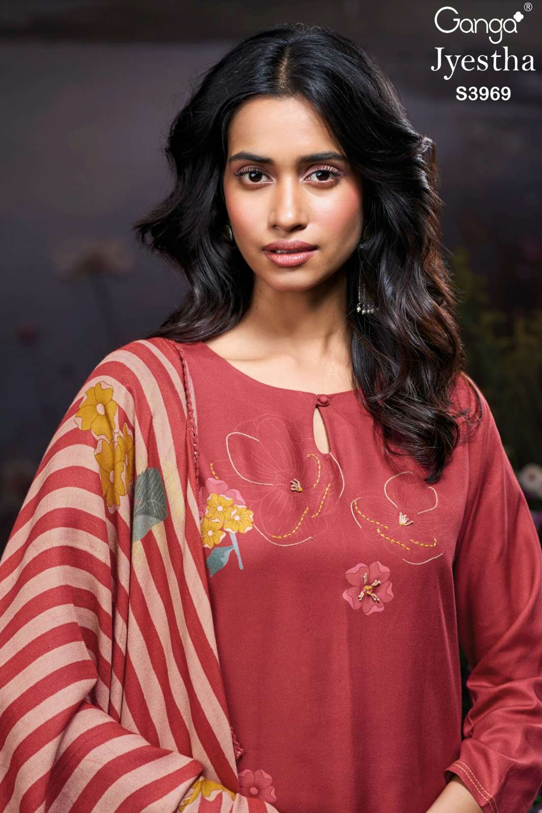 GANGA JYESTHA S3969 PURE WOOL PASHMINA PRINTED SUIT WITH HAND WORK