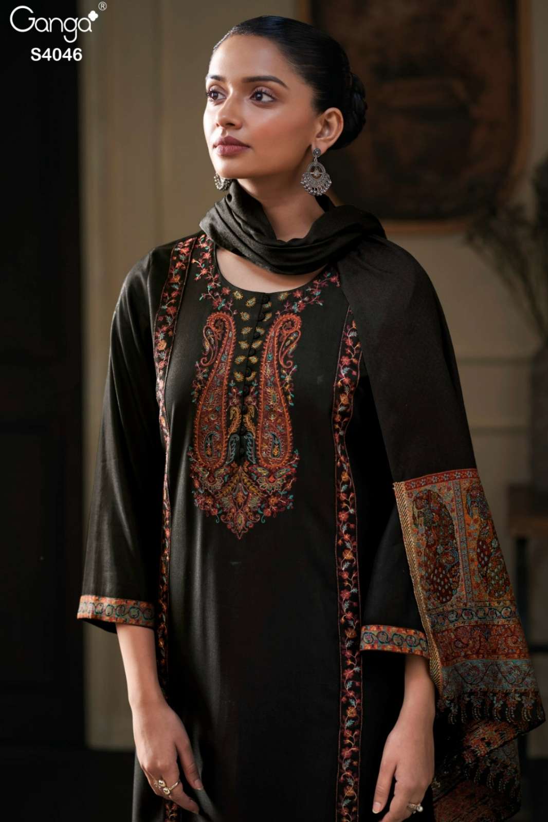 GANGA KAELITH S4046 PREMIUM PURE PASHMINA SUIT WITH EMBROIDERY