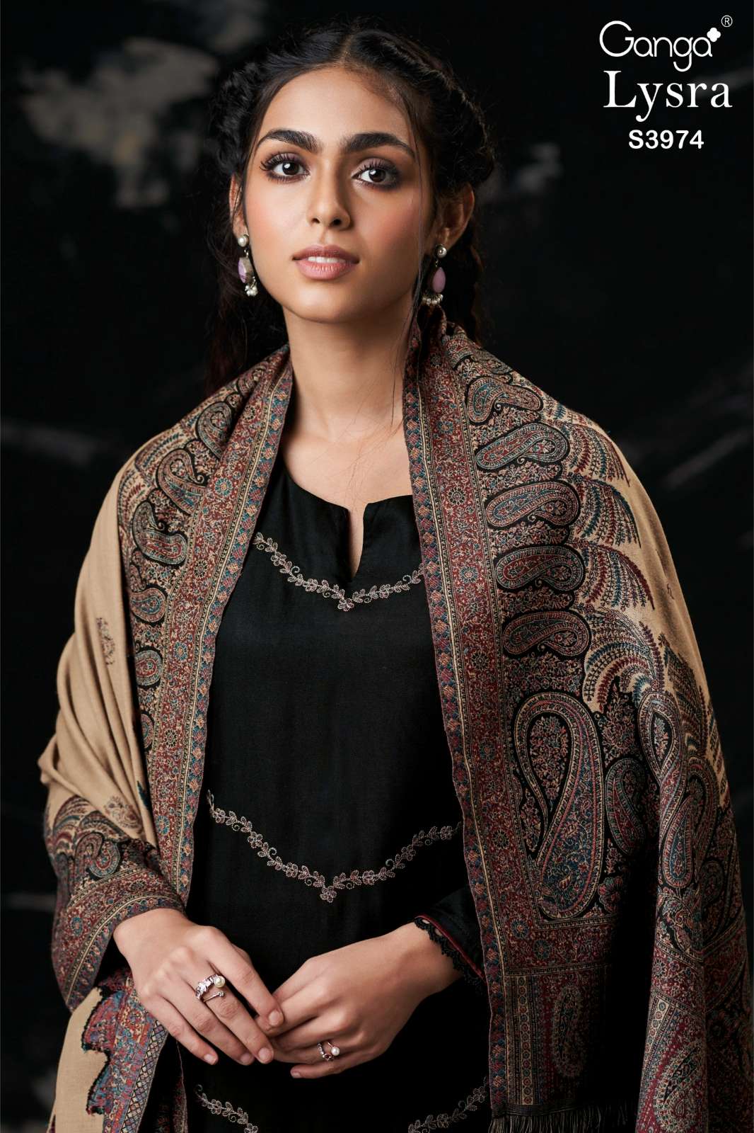 GANGA LYSRA S3974 PREMIUM BLACK PURE PASHMINA SUIT WITH EMBROIDERY