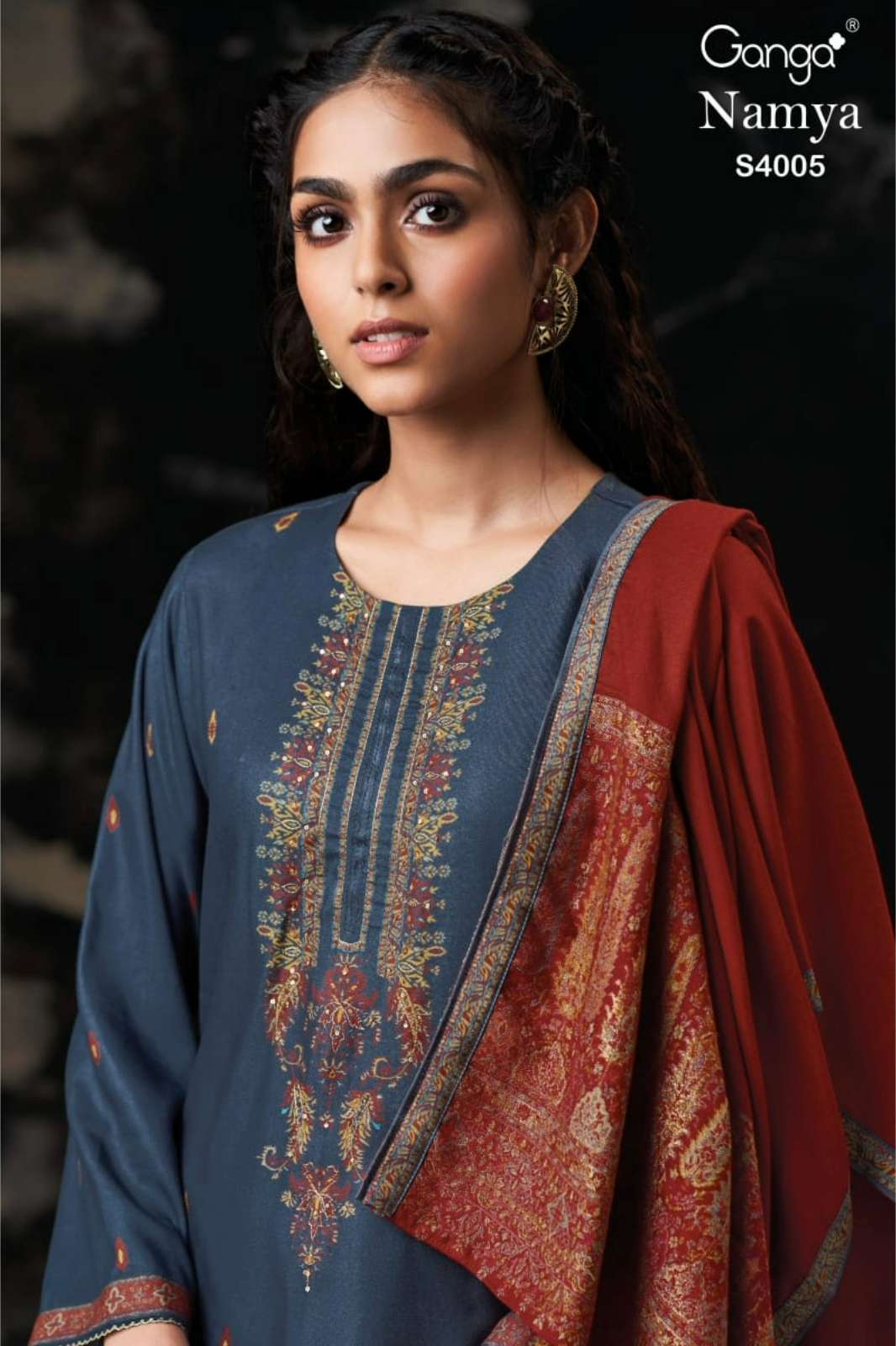 GANGA NAMYA S4005 PREMIUM PURE PASHMINA PRINTED SUIT WITH AARI WORK